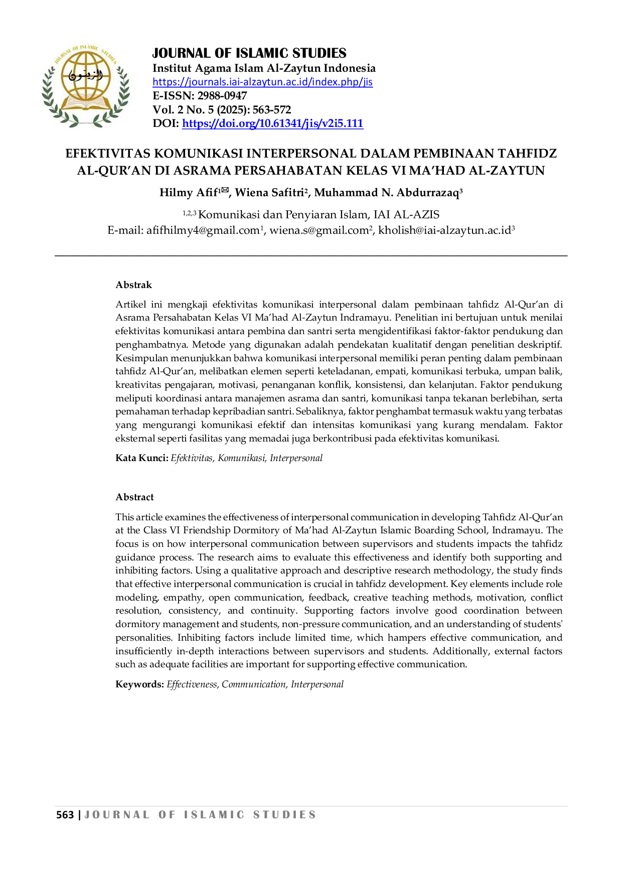 JURIS Efektivitas Komunikasi Interpersonal dalam Pembinaan Tahfidz Al Qur an di Asrama Persahabatan Kelas VI Ma had Al Zaytun