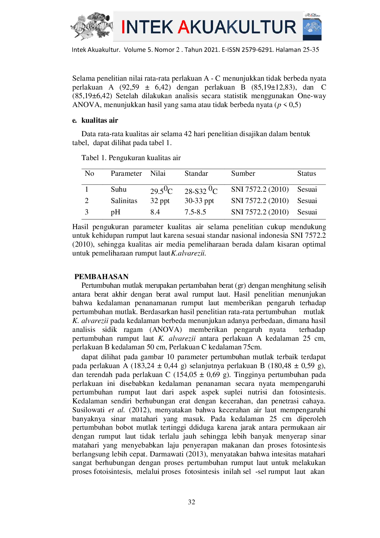 JURIS PENGARUH KEDALAMAN TERHADAP PERTUMBUHAN RUMPUT LAUT Kappaphycus alvarezii MENGGUNAKAN METODE LONGLINE