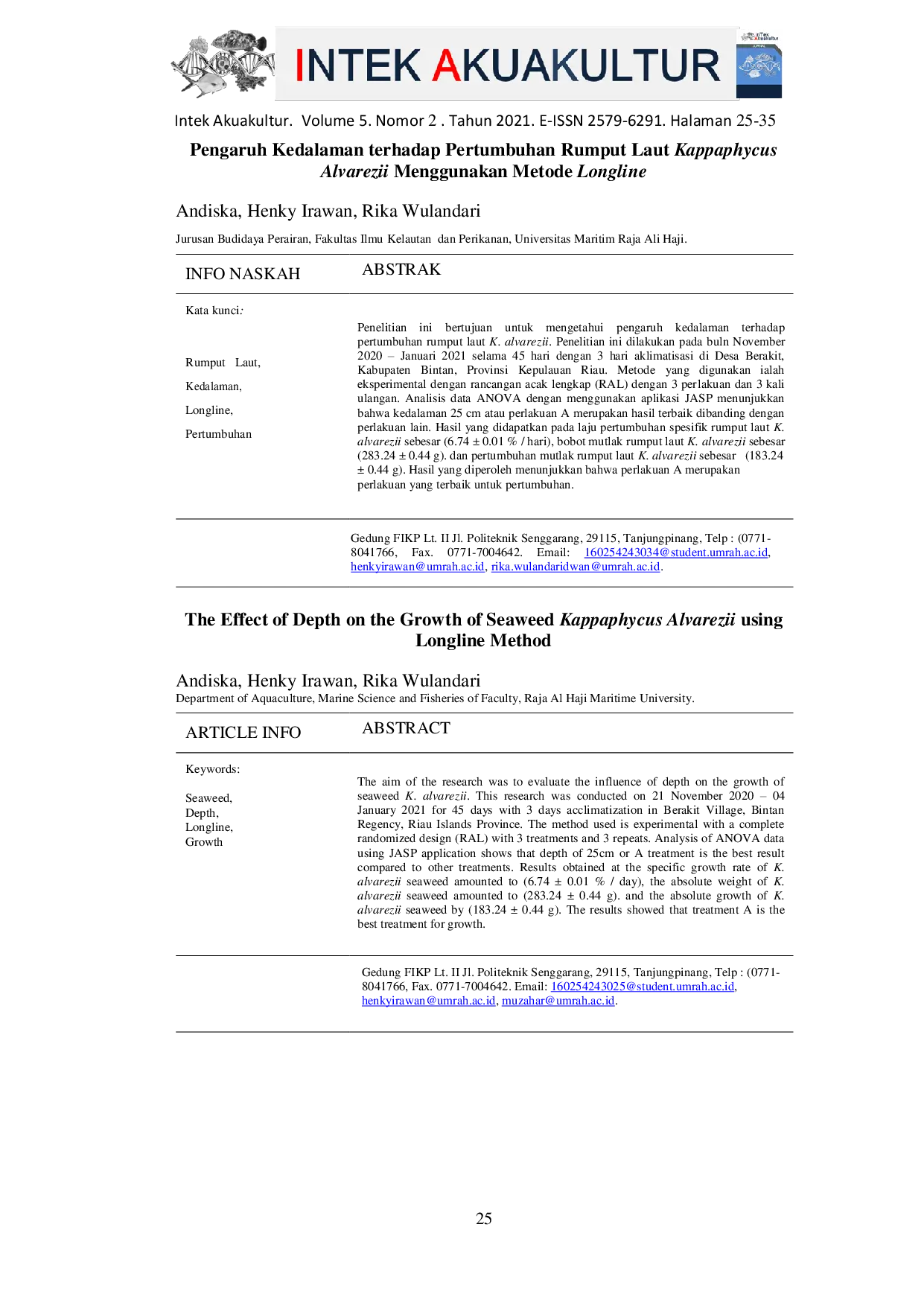JURIS PENGARUH KEDALAMAN TERHADAP PERTUMBUHAN RUMPUT LAUT Kappaphycus alvarezii MENGGUNAKAN METODE LONGLINE