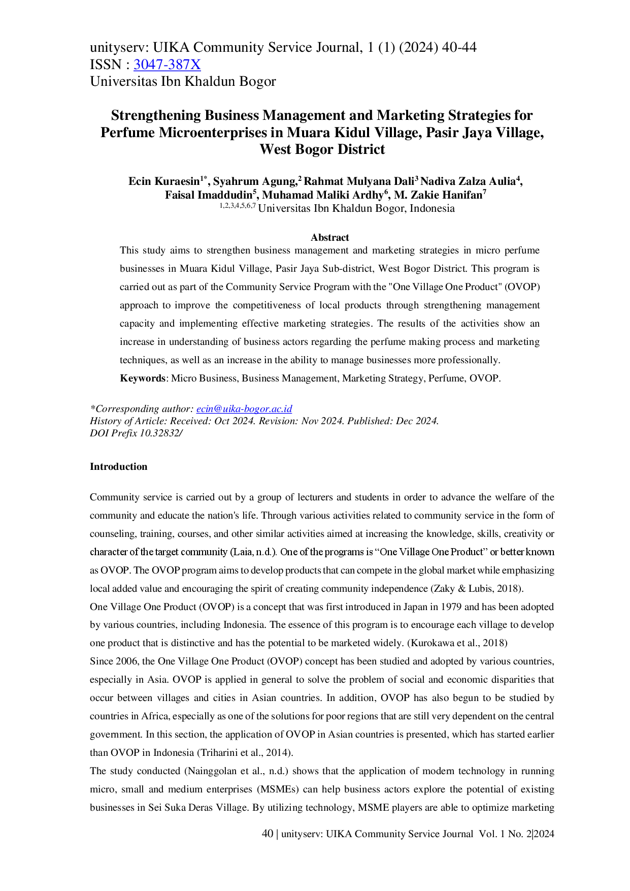 juris Strengthening Business Management and Marketing Strategies for Perfume Microenterprises in Muara Kidul Village Pasir Jaya Village West Bogor District