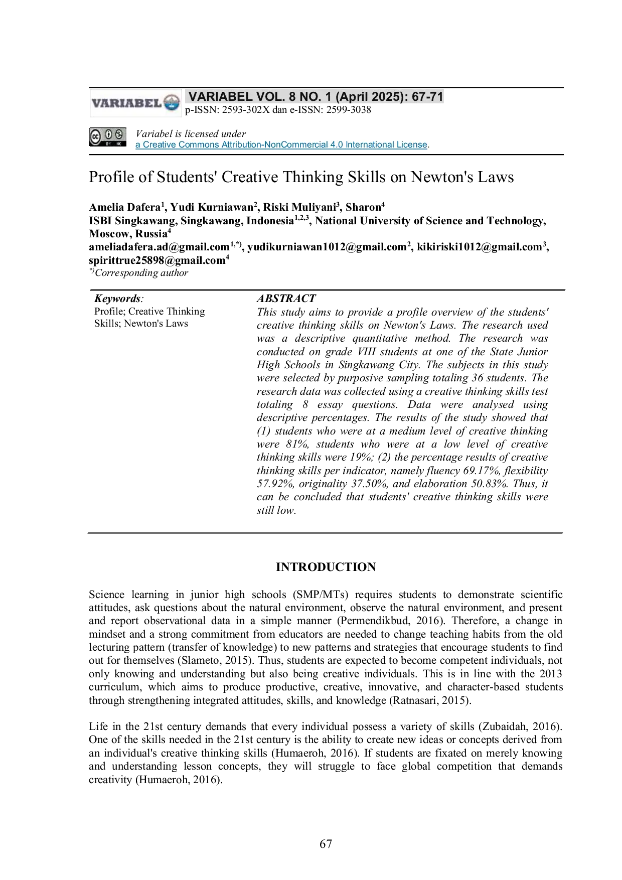 JURIS Profile of Students Creative Thinking Skills on Newton s Laws