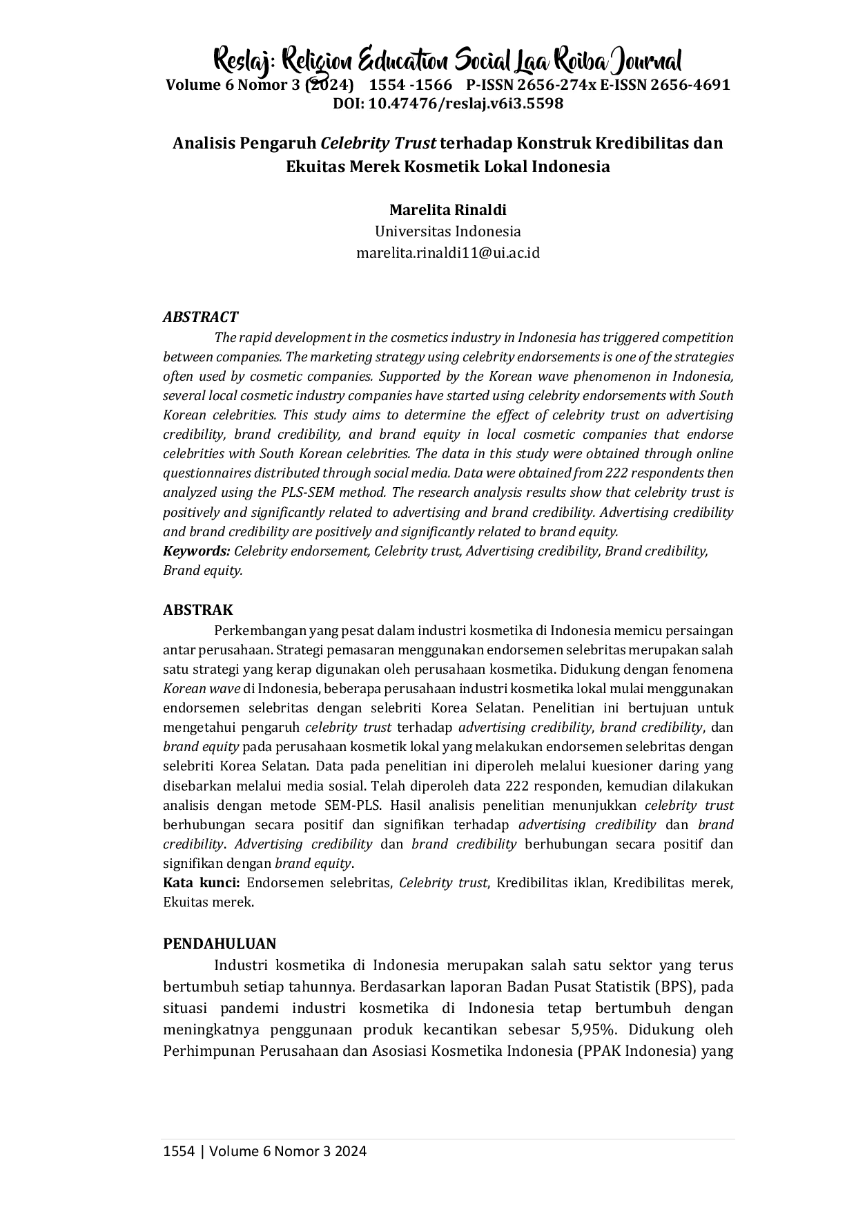 JURIS Analisis Pengaruh Celebrity Trust terhadap Konstruk Kredibilitas dan Ekuitas Merek Kosmetik Lokal Indonesia