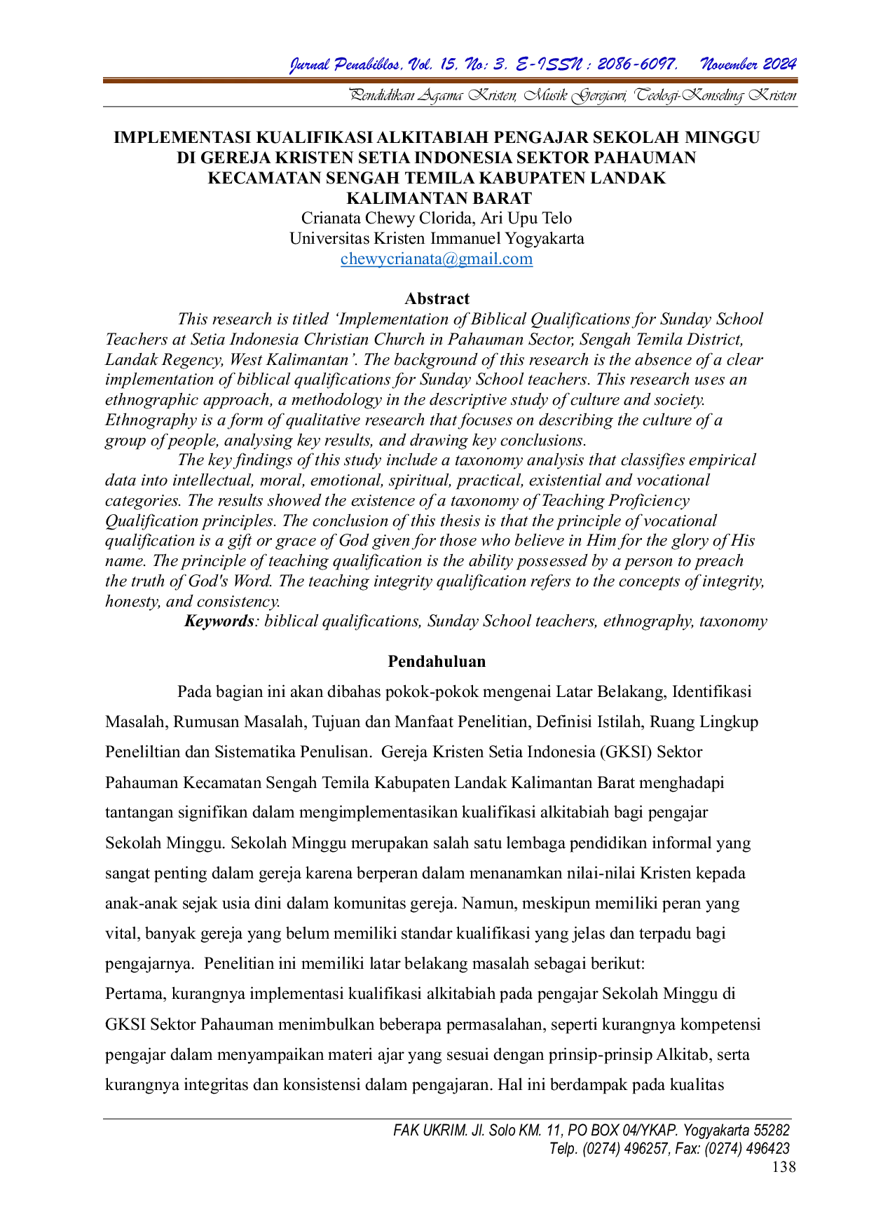 JURIS Implementasi Kualifikasi Alkitabiah Pengajar Sekolah Minggu Di Gereja Kristen Setia Indonesia Sektor Pahauman Kecamatan Sengah Temila Kabupaten Landak Kalimantan Barat