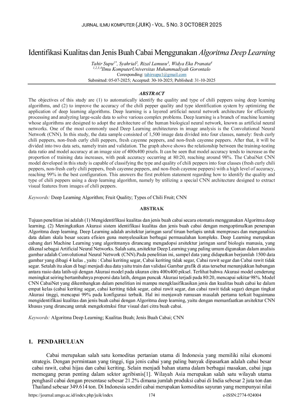 JURIS Identifikasi Kualitas dan Jenis Buah Cabai Menggunakan Algoritma Deep Learning