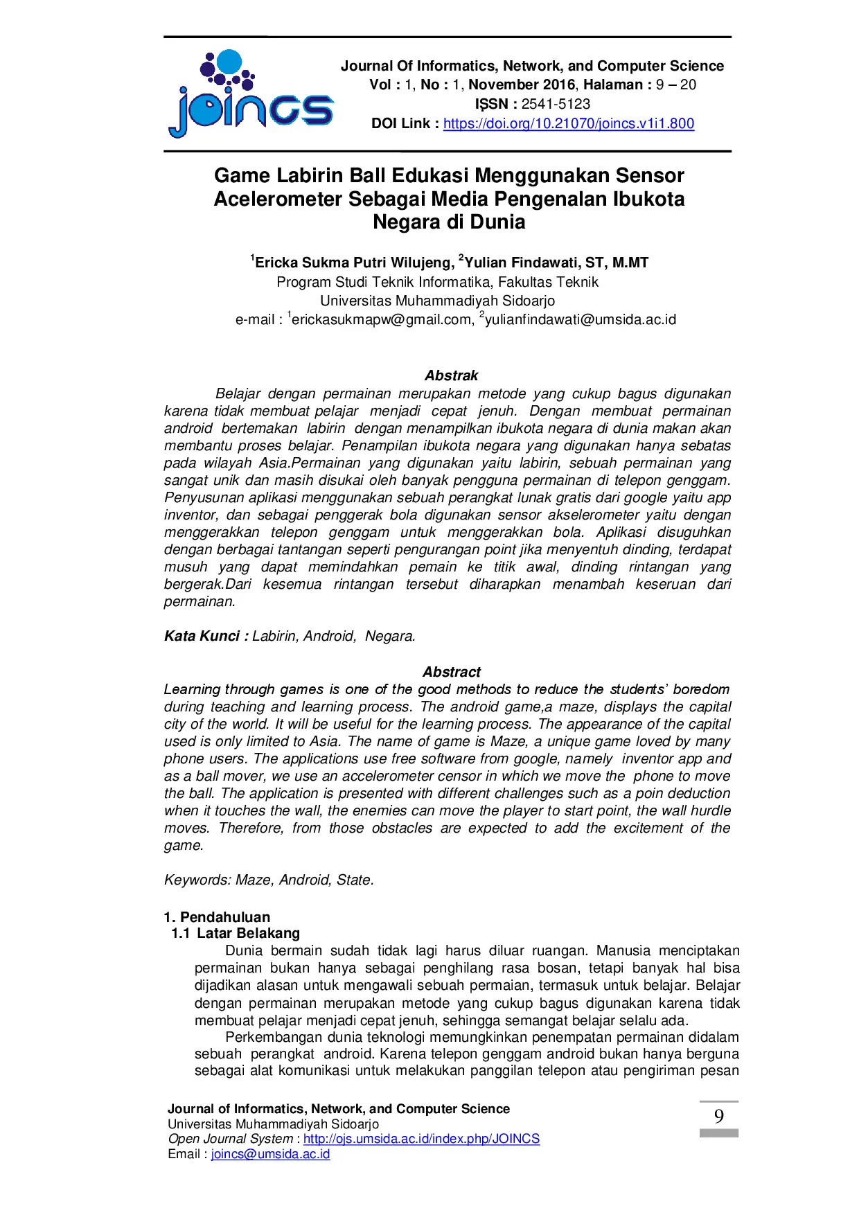 juris Educational Ball Labyrinth Game Using Accelerometer Sensor as a Media for Introducing National Capitals in the World Game Labirin Ball Edukasi Menggunakan Sensor Acelerometer Sebagai Media Pengenalan