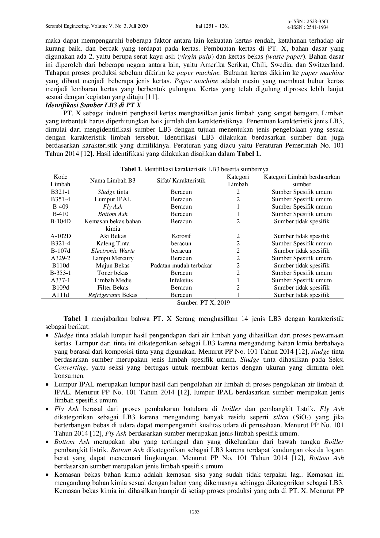 JURIS Identifikasi Timbulan dan Analisis Pengelolaan Limbah B3 di Pabrik Kertas PT X