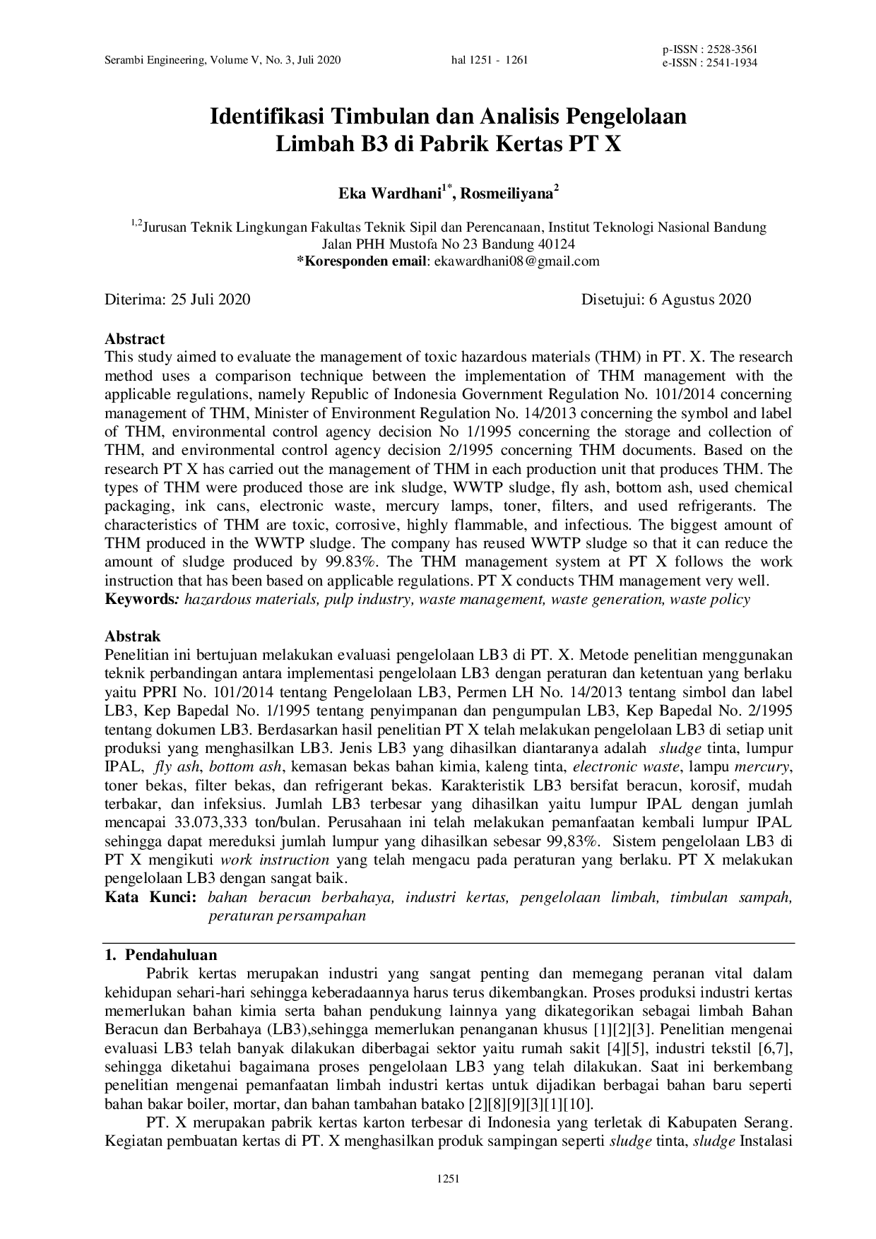 JURIS Identifikasi Timbulan dan Analisis Pengelolaan Limbah B3 di Pabrik Kertas PT X