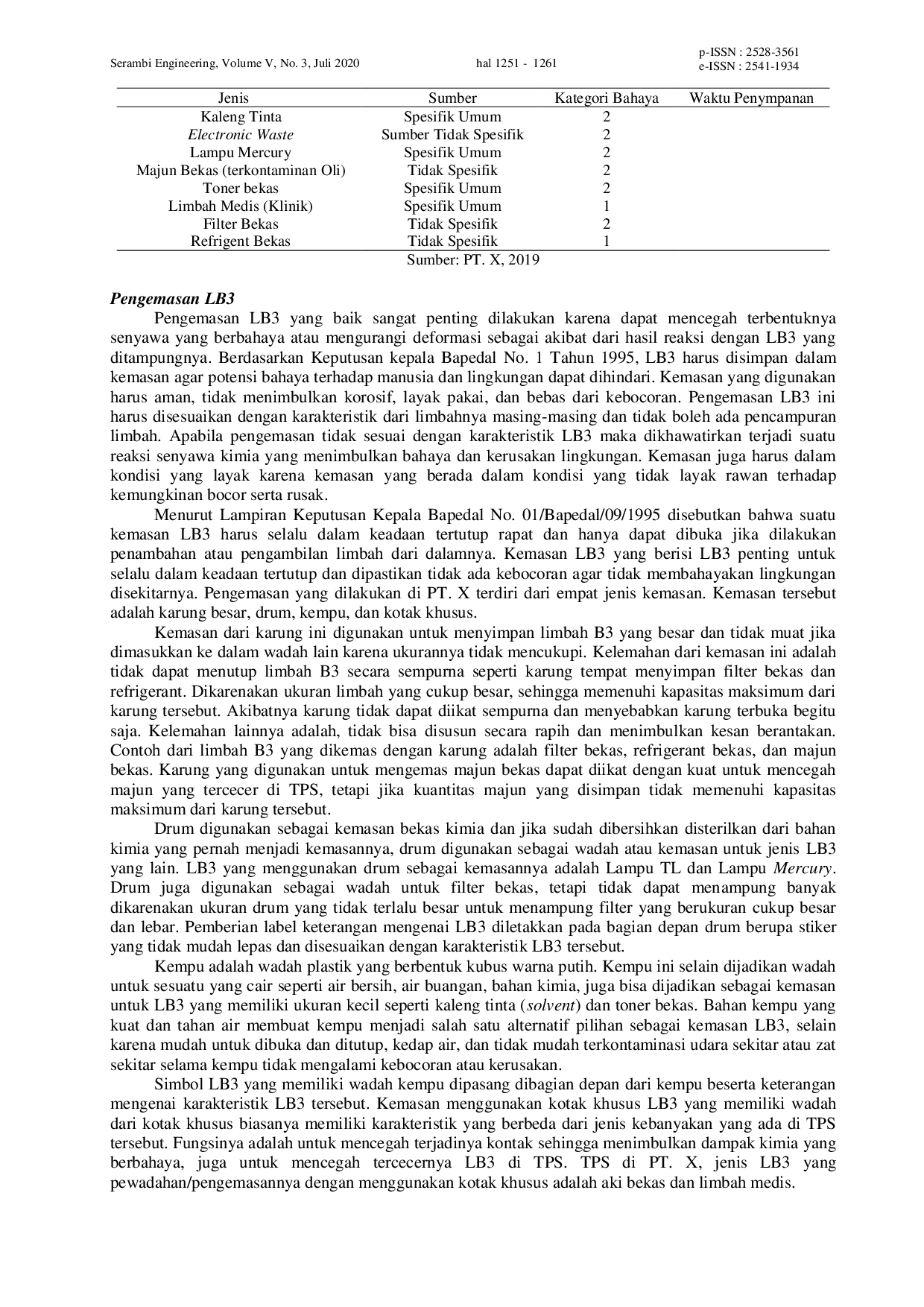 JURIS Identifikasi Timbulan dan Analisis Pengelolaan Limbah B3 di Pabrik Kertas PT X