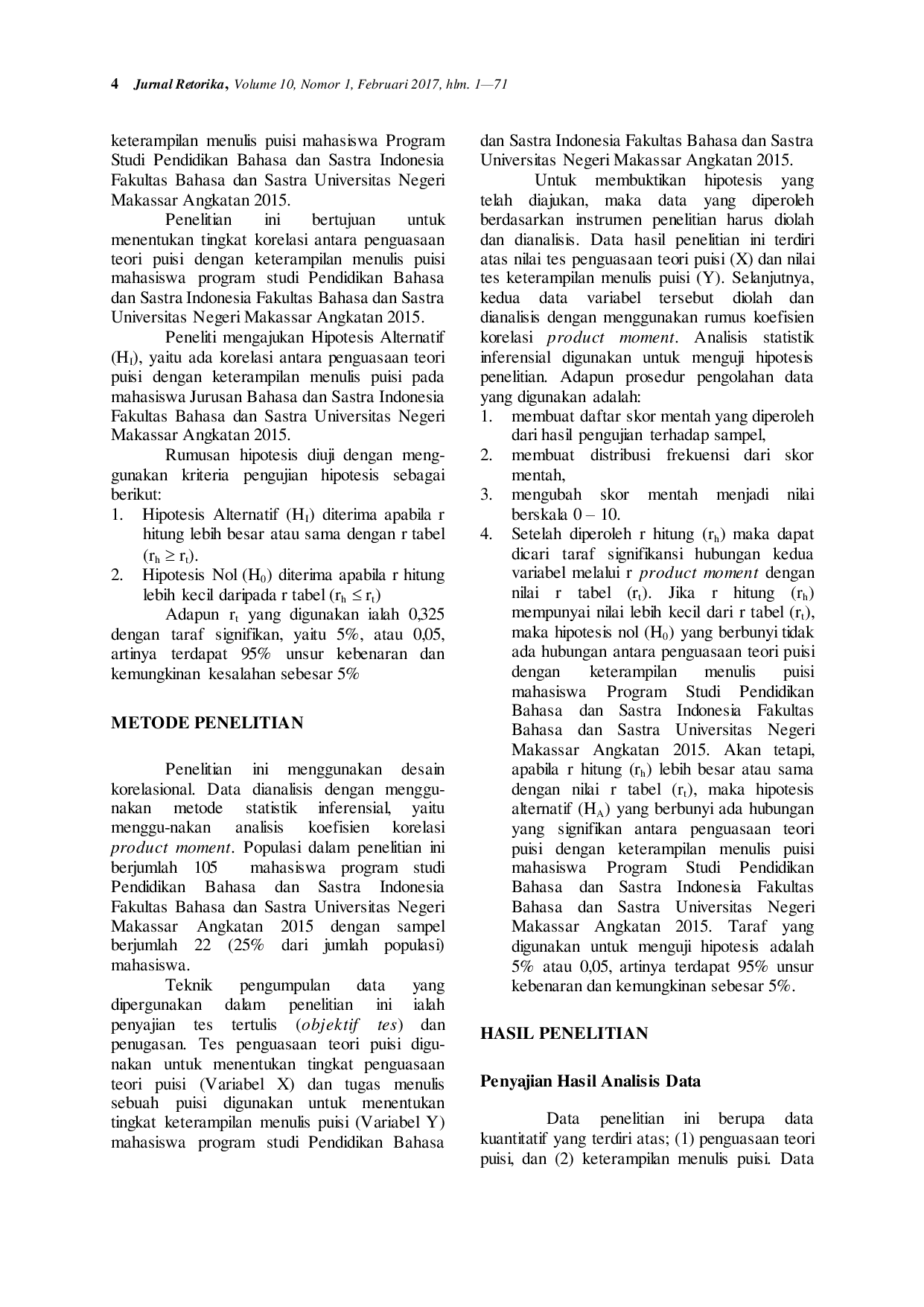 JURIS Korelasi Penguasaan Teori Puisi Dengan Keterampilan Menulis Puisi Mahasiswa Program Studi Pendidikan Bahasa Dan Sastra Indonesia Fakultas Bahasa Dan Sastra Universitas Negeri Makassar Angkatan 2015