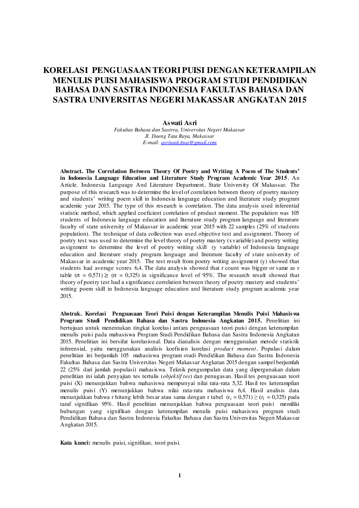 JURIS Korelasi Penguasaan Teori Puisi Dengan Keterampilan Menulis Puisi Mahasiswa Program Studi Pendidikan Bahasa Dan Sastra Indonesia Fakultas Bahasa Dan Sastra Universitas Negeri Makassar Angkatan 2015