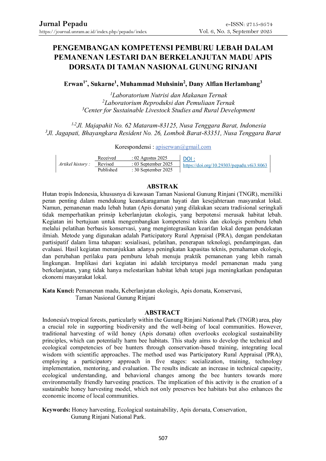 JURIS Pengembangan Kompetensi Pemburu Lebah Dalam Pemanenan Lestari Dan Berkelanjutan Madu Apis Dorsata Di Taman Nasional Gunung Rinjani
