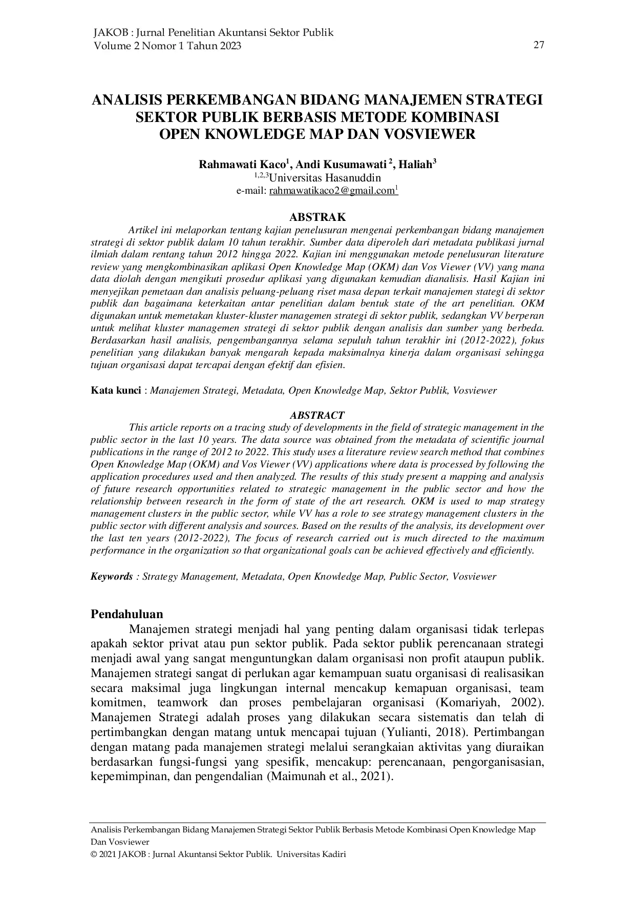 JURIS Analisis Perkembangan Bidang Manajemen Strategi Sektor Publik Berbasis Metode Kombinasi Open Knowledge Map Dan Vosviewer