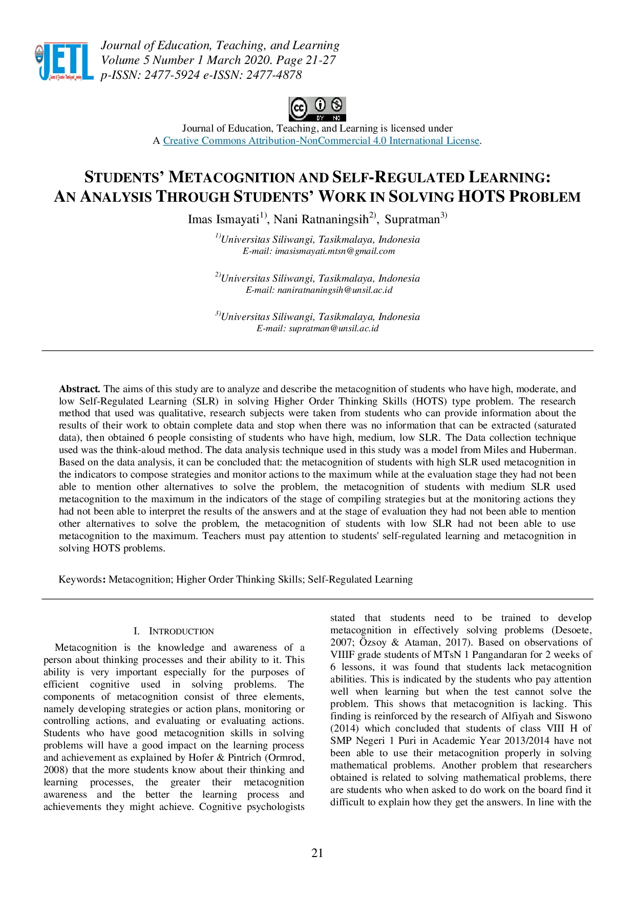 juris Students Metacognition and Self Regulated Learning An Analysis Through Students Work in Solving HOTS Problem