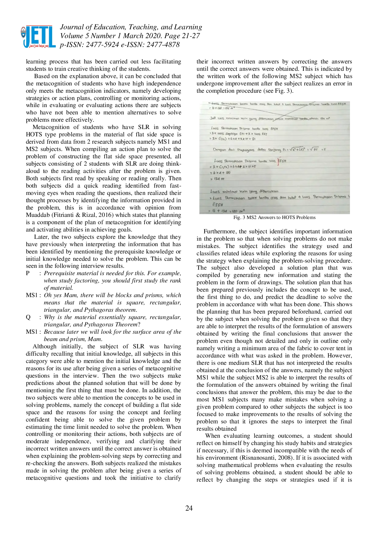 juris Students Metacognition and Self Regulated Learning An Analysis Through Students Work in Solving HOTS Problem