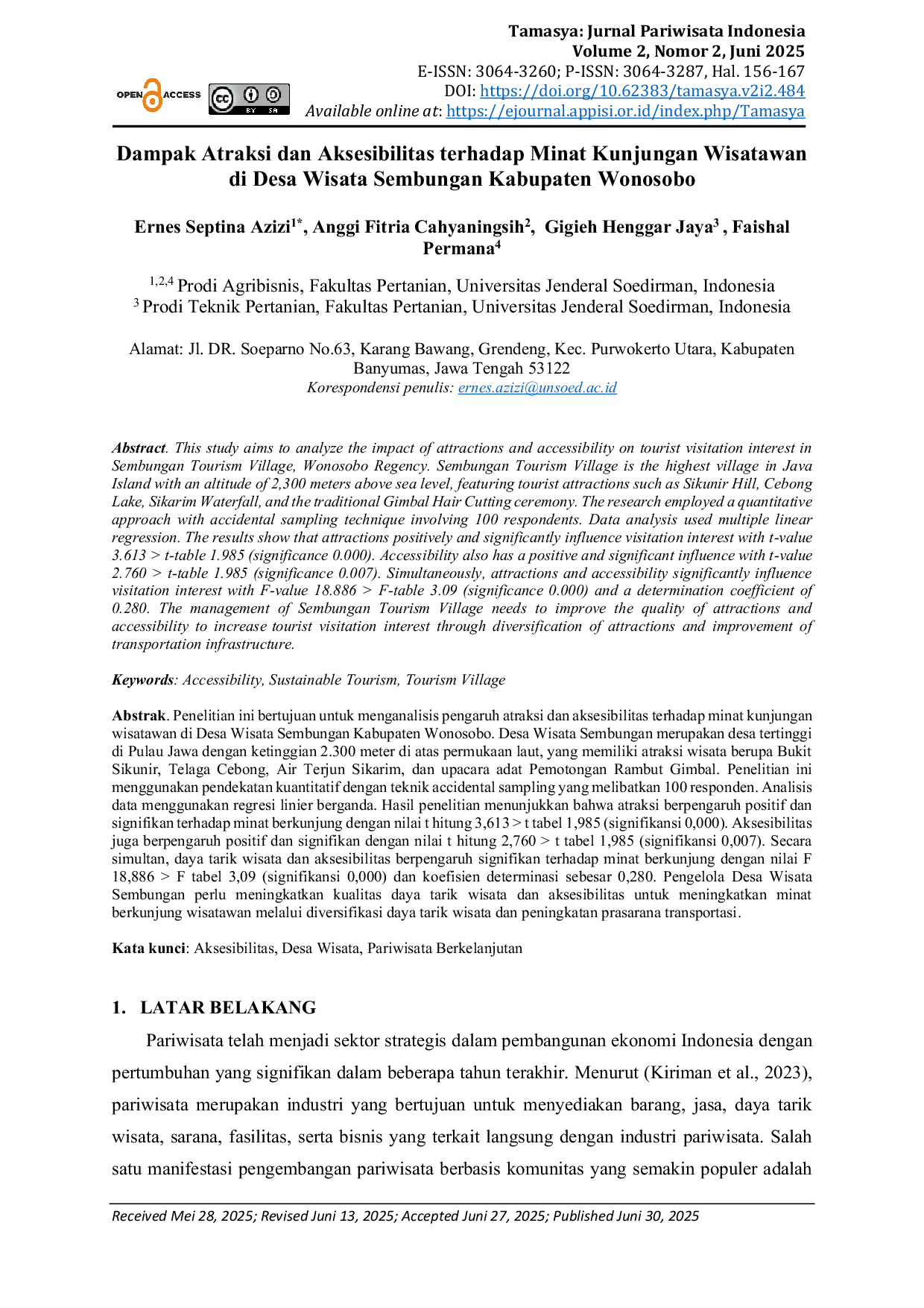 JURIS Dampak Atraksi dan Aksesibilitas terhadap Minat Kunjungan Wisatawan di Desa Wisata Sembungan Kabupaten Wonosobo