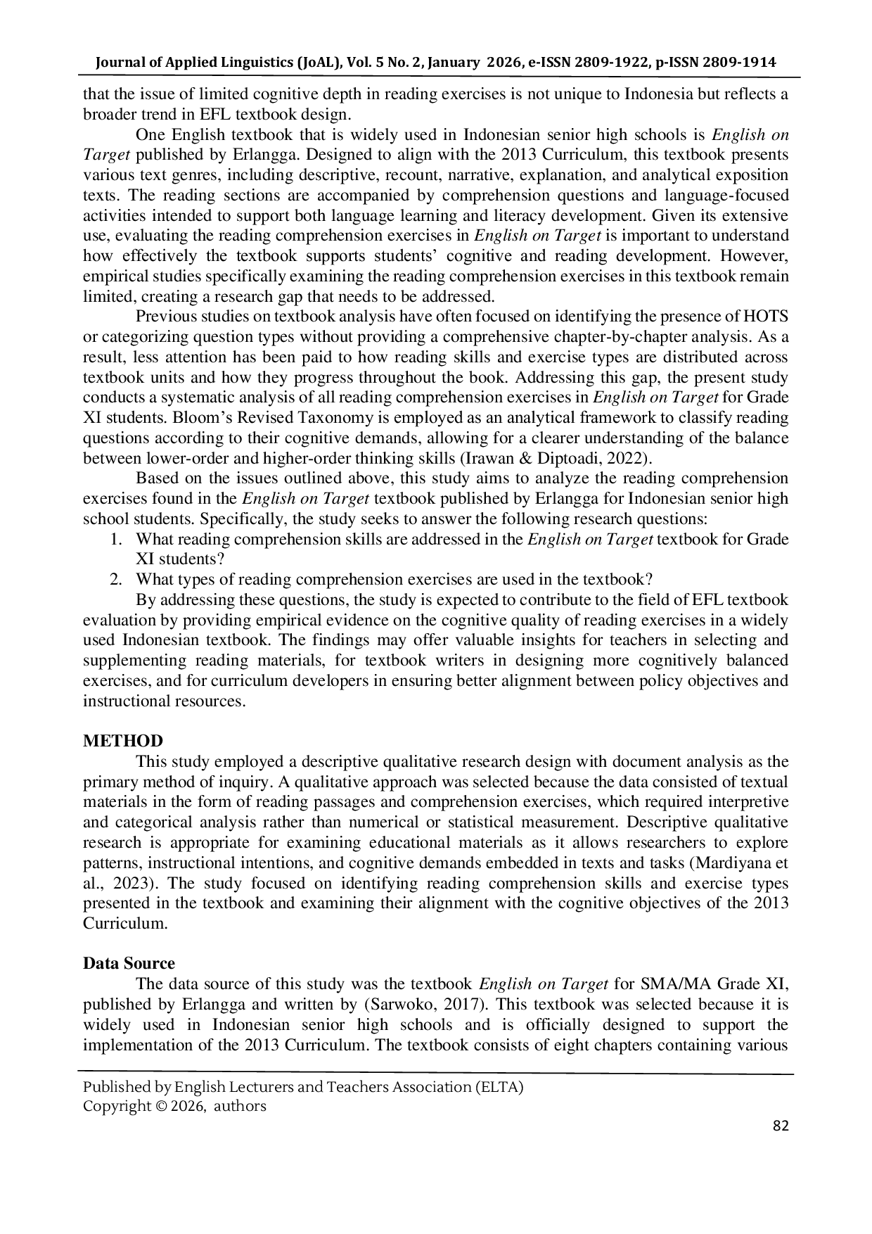 JURIS An Analysis of Reading Comprehension Exercises in the English on Target Textbook for Indonesian Senior High Schools