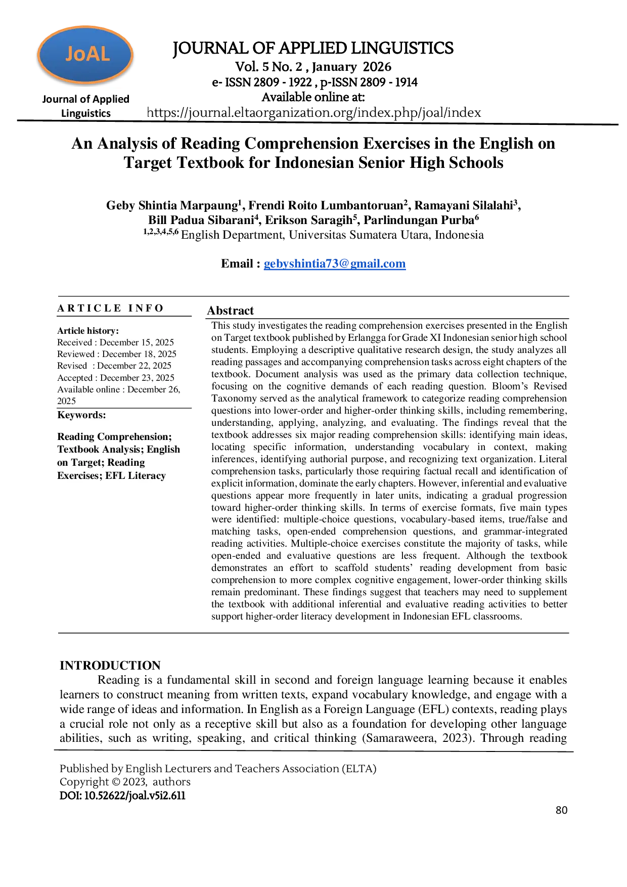 JURIS An Analysis of Reading Comprehension Exercises in the English on Target Textbook for Indonesian Senior High Schools