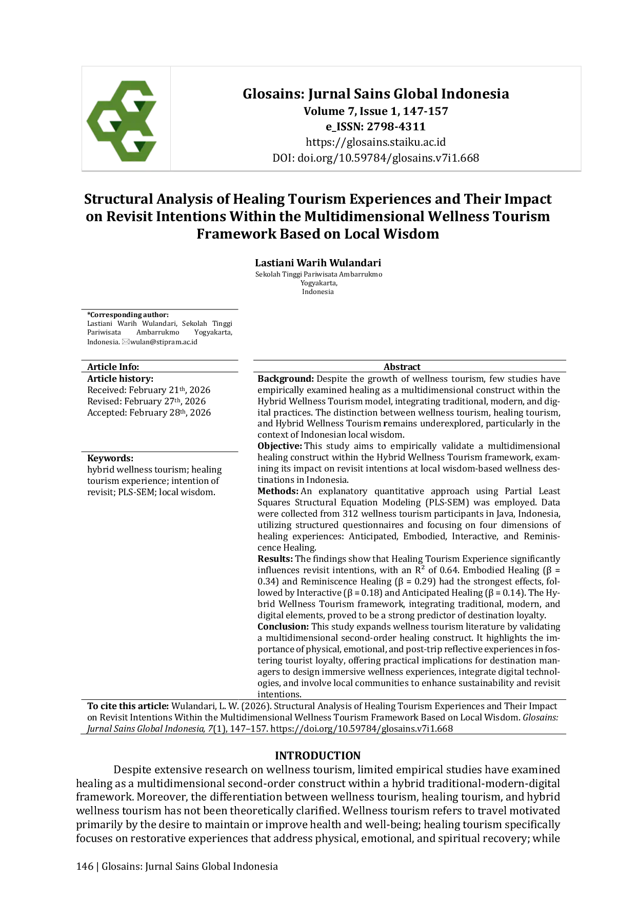 JURIS Structural Analysis of Healing Tourism Experiences and Their Impact on Revisit Intentions Within the Multidimensional Wellness Tourism Framework Based on Local Wisdom