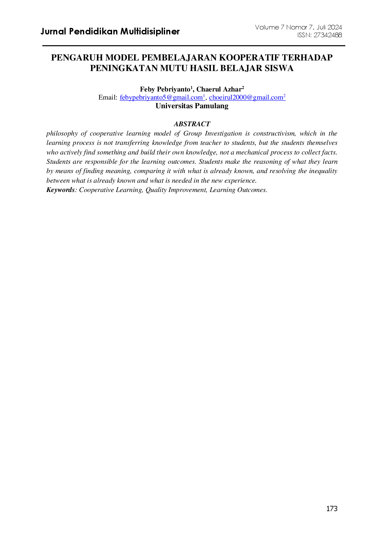juris Pengaruh Model Pembelajaran Kooperatif Terhadap Peningkatan Mutu Hasil Belajar Siswa