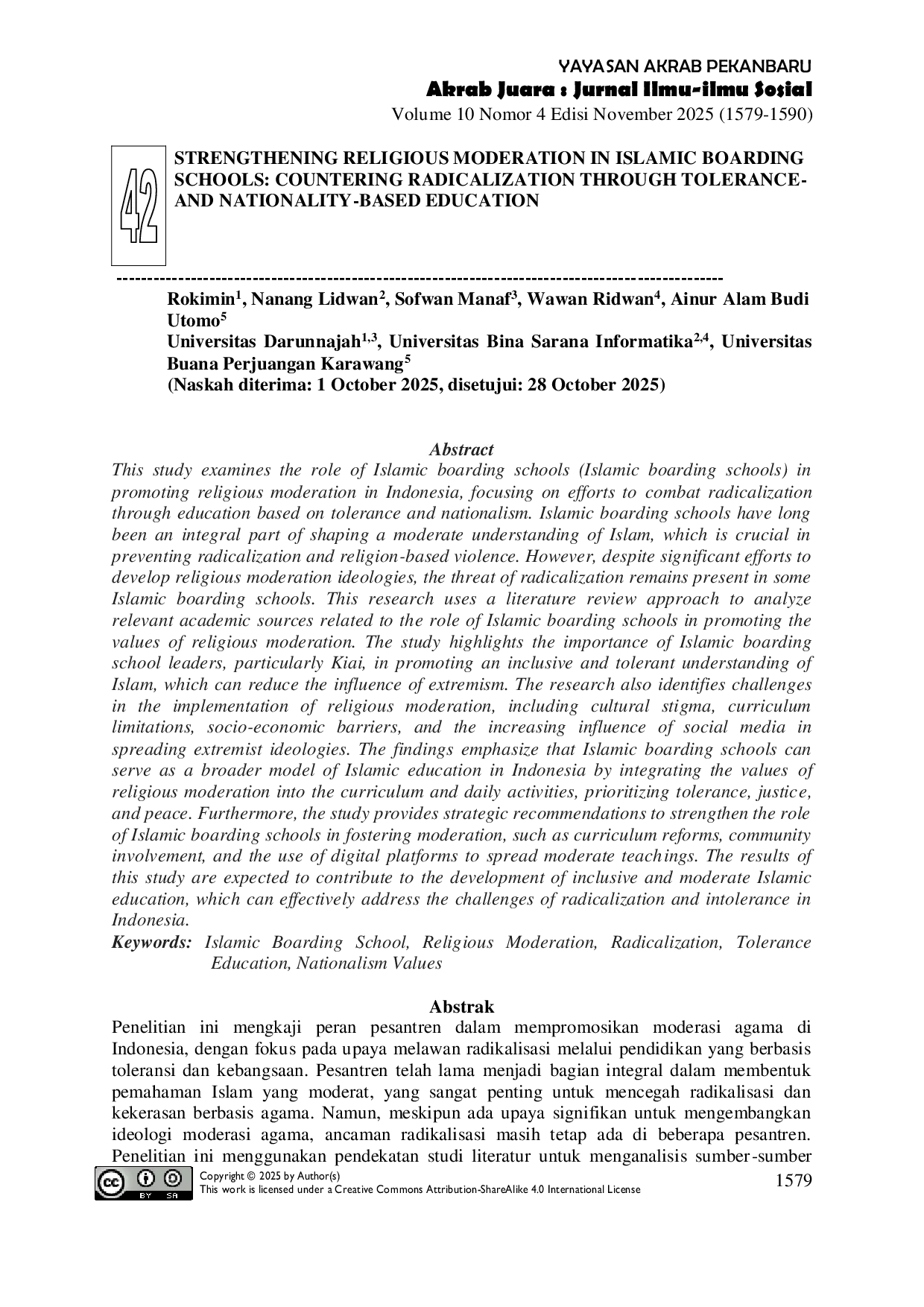 JURIS Strengthening Religious Moderation in Islamic Boarding Schools Countering Radicalization Through Tolerance and Nationality Based Education