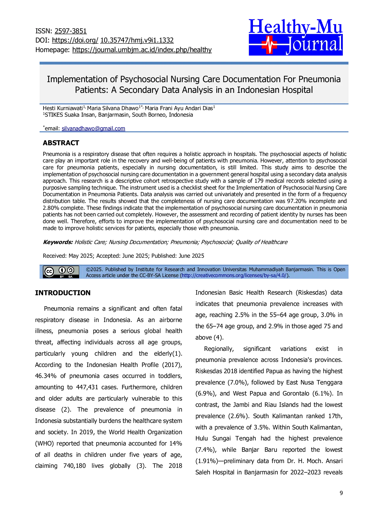 JURIS Implementation of Psychosocial Nursing Care Documentation For Pneumonia Patients A Secondary Data Analysis in an Indonesian Hospital