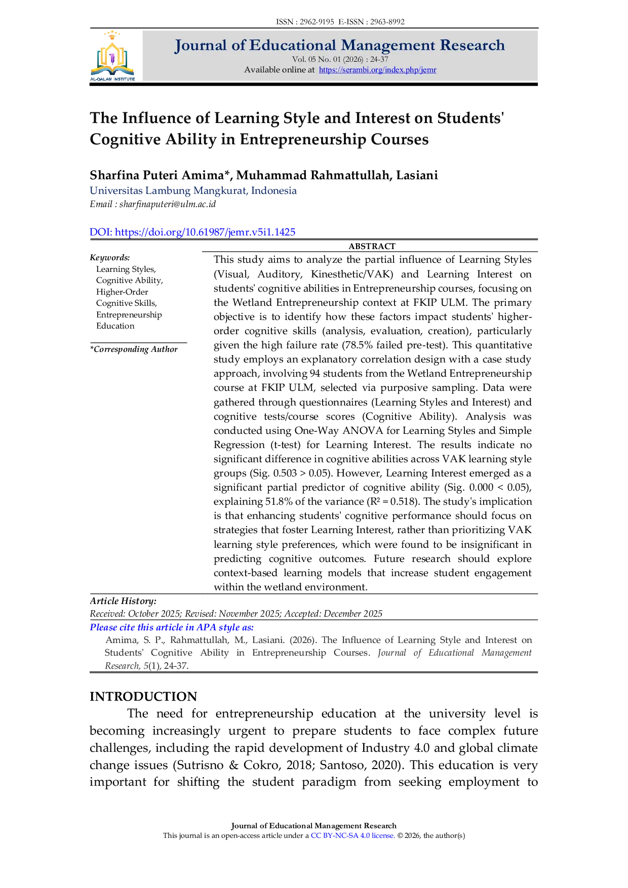 JURIS The Influence of Learning Style and Interest on Students Cognitive Ability in Entrepreneurship Courses