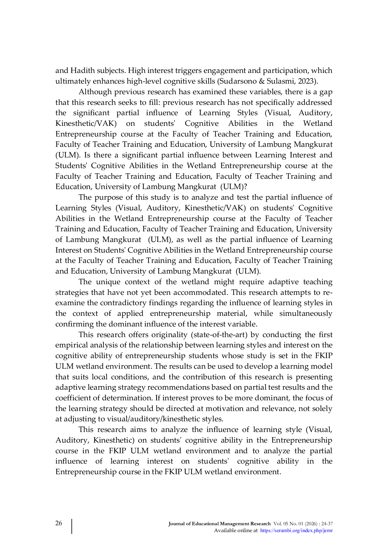 JURIS The Influence of Learning Style and Interest on Students Cognitive Ability in Entrepreneurship Courses