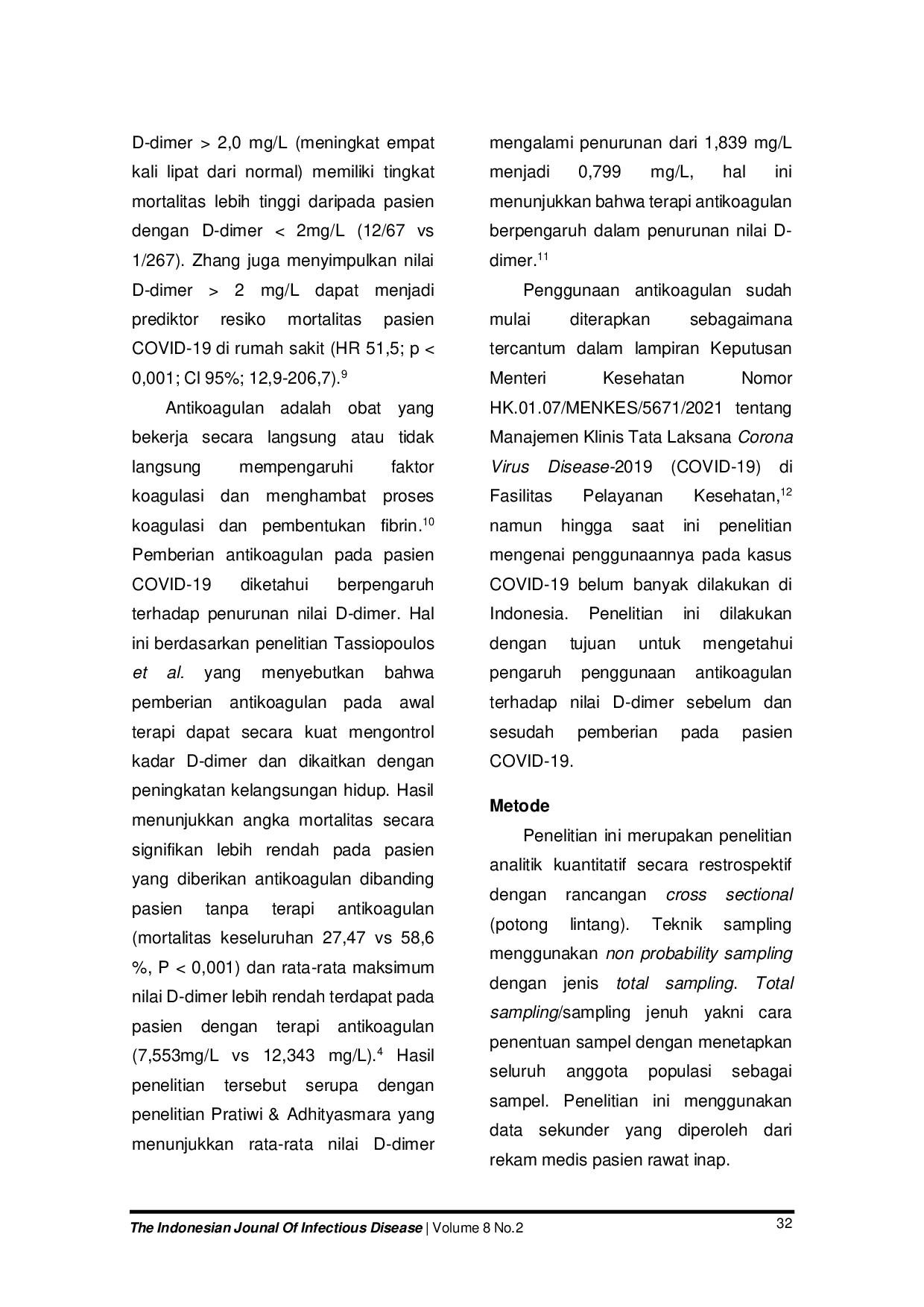 JURIS Pengaruh Penggunaan Antikoagulan Terhadap Penurunan Nilai D Dimer pada Pasien COVID 19