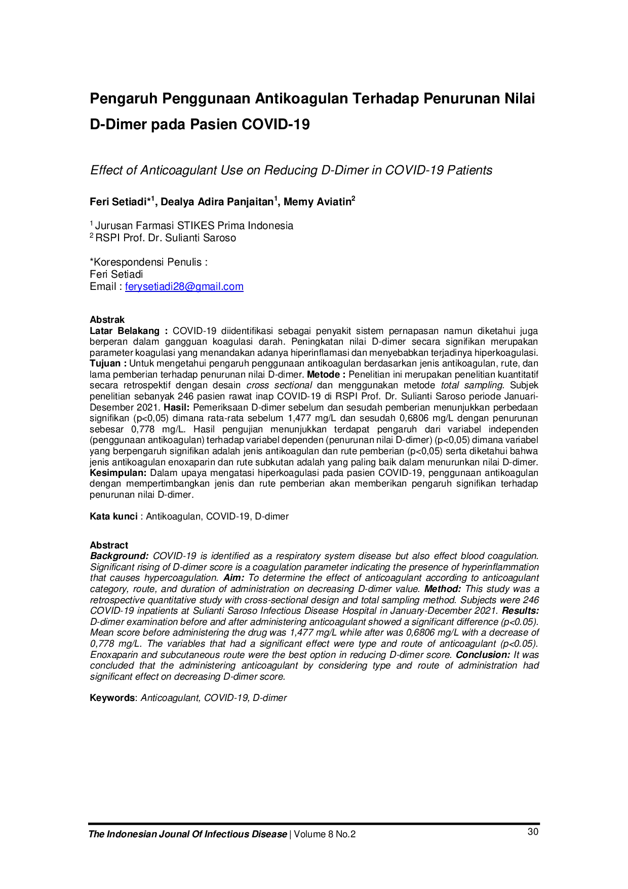 JURIS Pengaruh Penggunaan Antikoagulan Terhadap Penurunan Nilai D Dimer pada Pasien COVID 19
