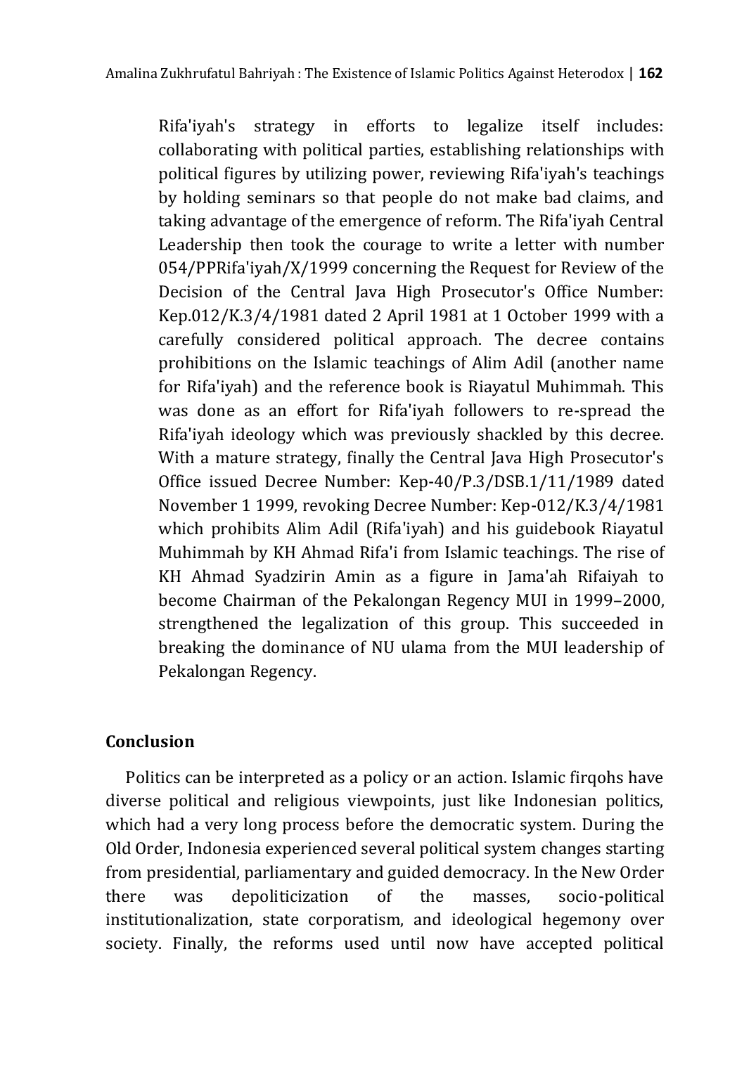 JURIS The Existence of Islamic Politics Against Heterodox of Islamic Movements in Indonesia Post Independence Rifa iyah Sect