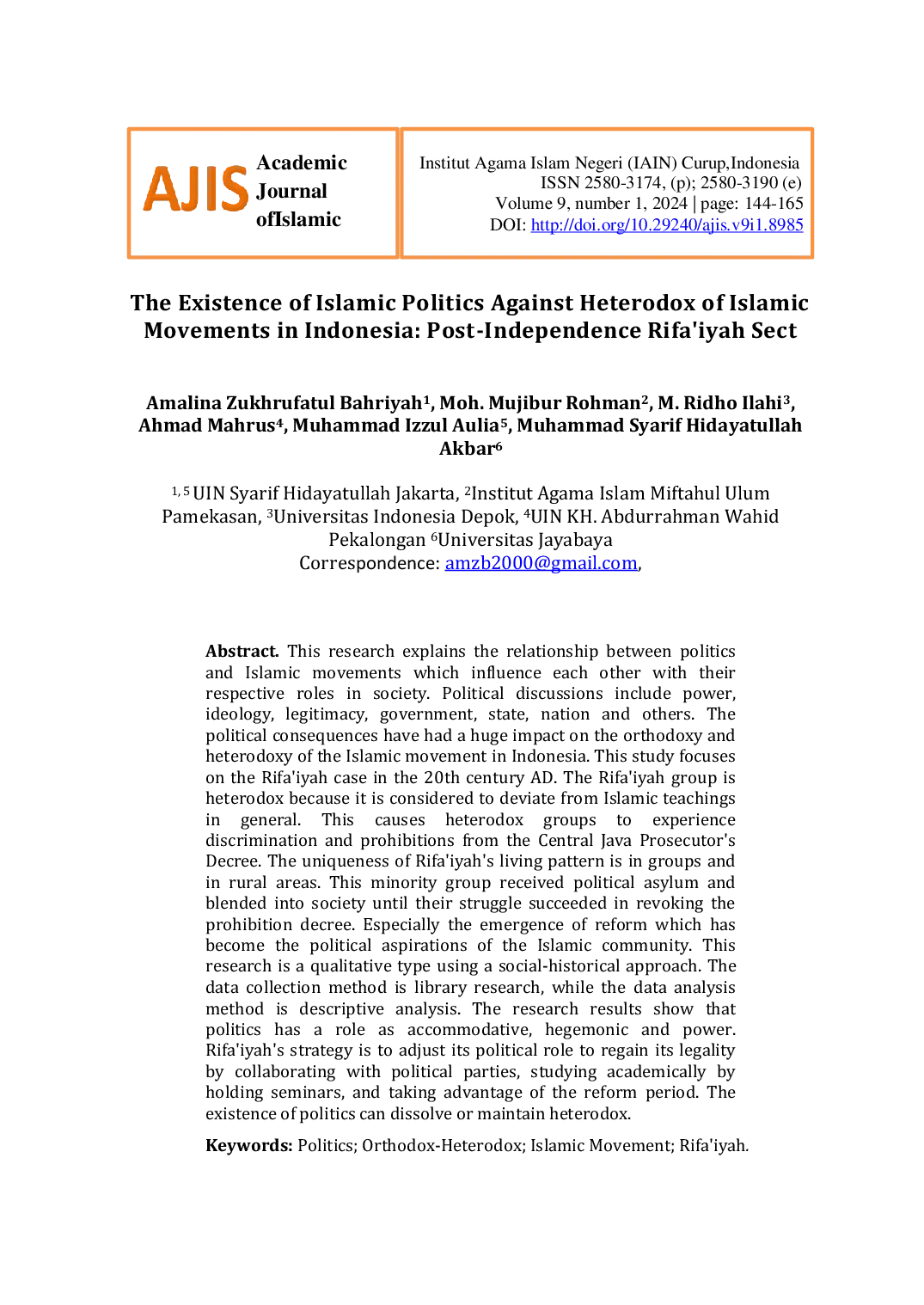 JURIS The Existence of Islamic Politics Against Heterodox of Islamic Movements in Indonesia Post Independence Rifa iyah Sect