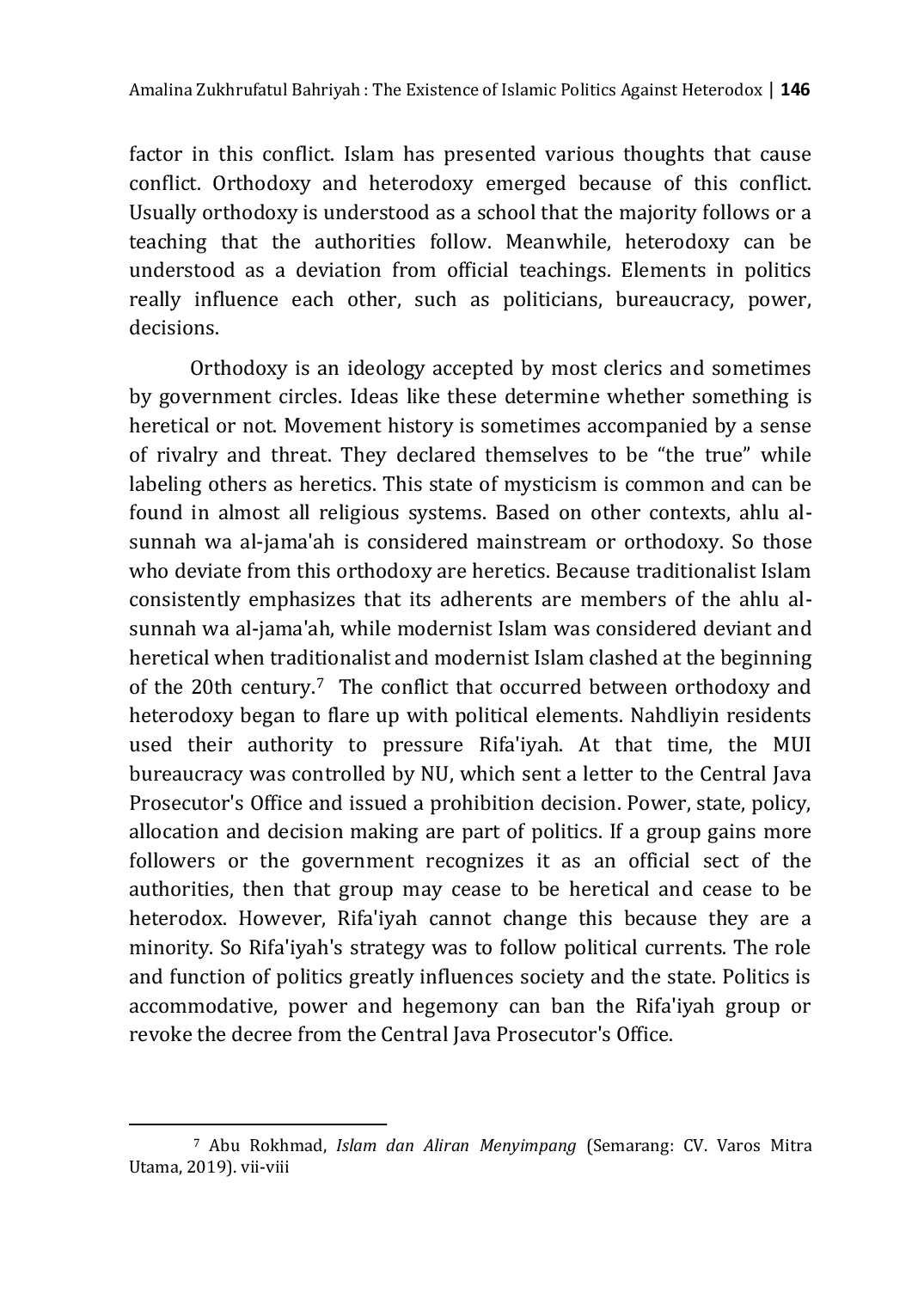 JURIS The Existence of Islamic Politics Against Heterodox of Islamic Movements in Indonesia Post Independence Rifa iyah Sect