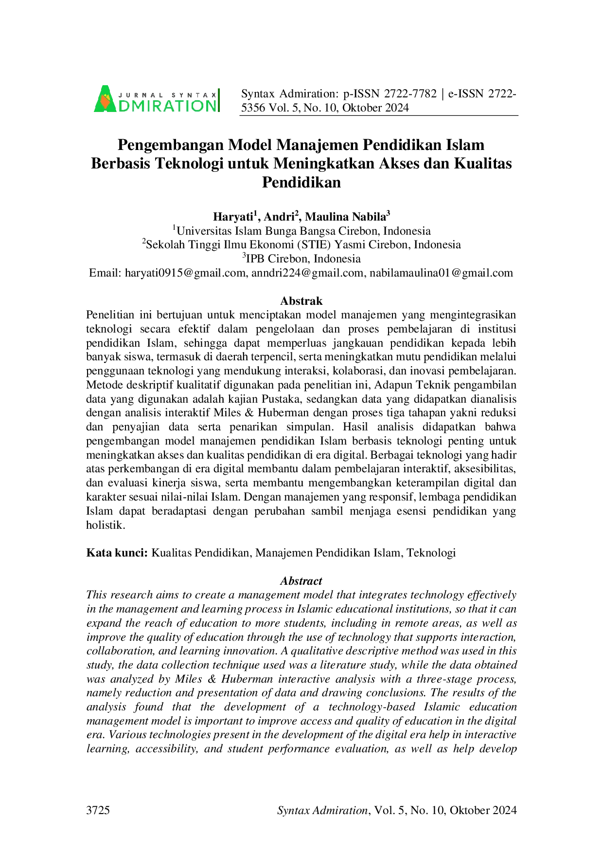 JURIS Pengembangan Model Manajemen Pendidikan Islam Berbasis Teknologi untuk Meningkatkan Akses dan Kualitas Pendidikan