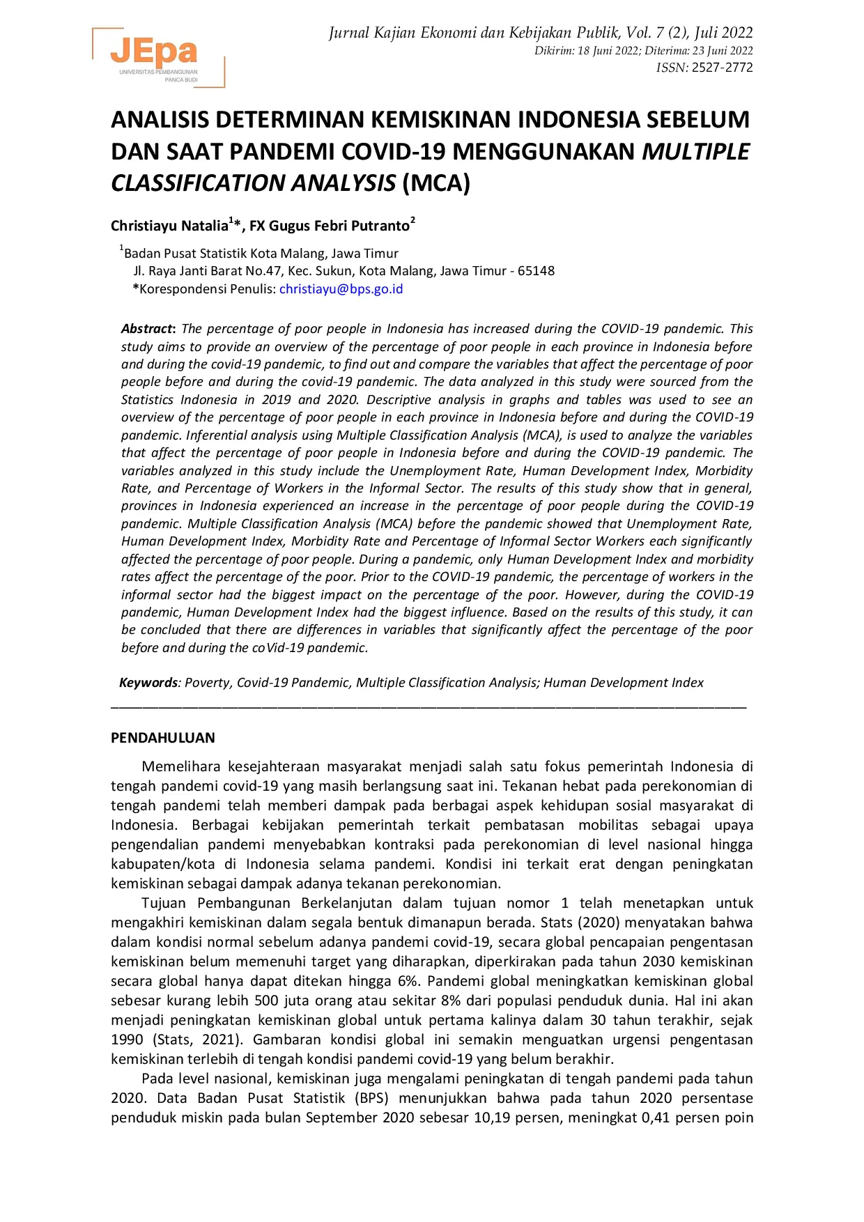 JURIS Analisis Determinan Kemiskinan Indonesia Sebelum dan Saat Pandemi COVID 19 Menggunakan Multiple Classification Analysis MCA