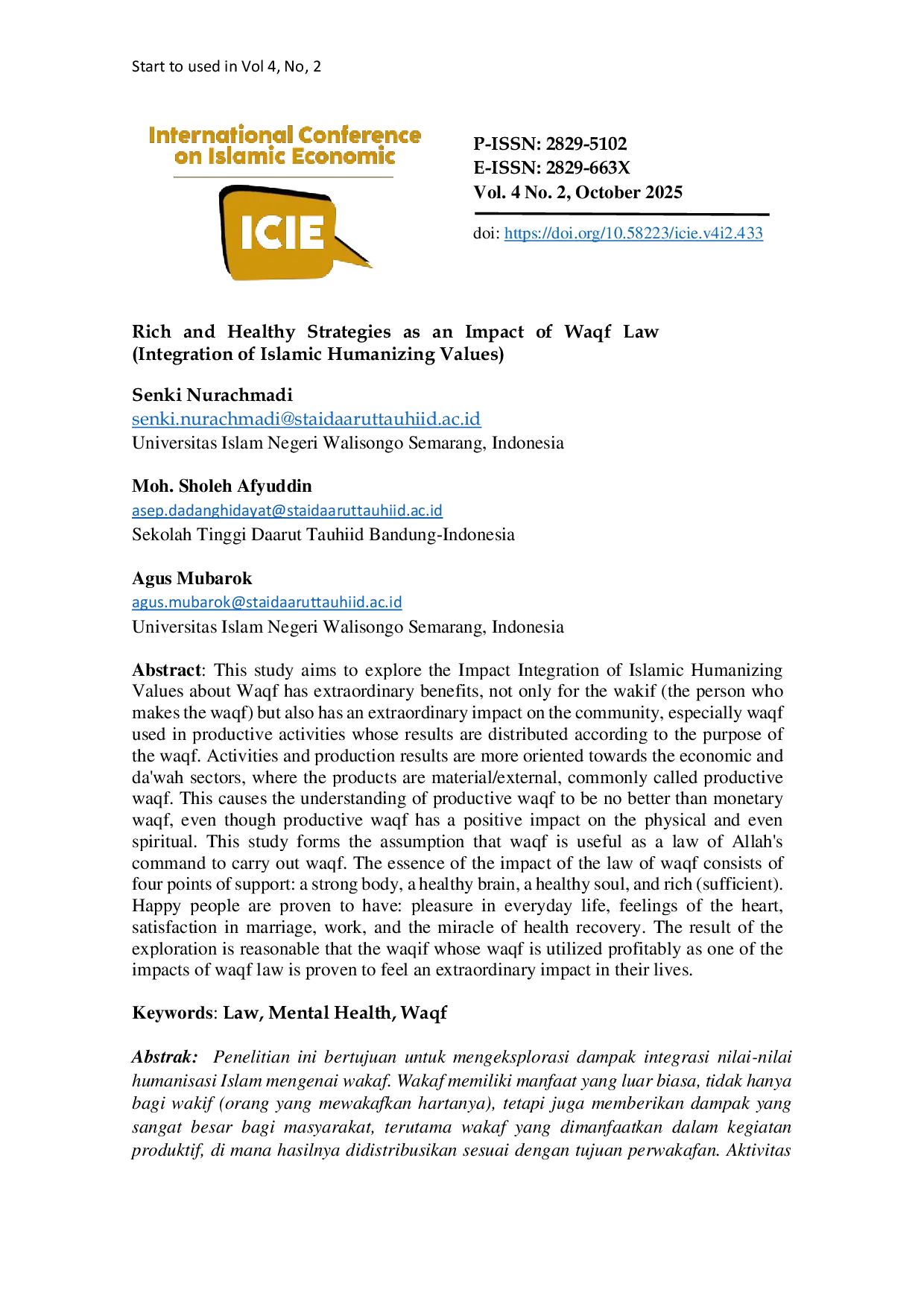 JURIS Rich and Healthy Strategies as an Impact of Waqf Law Integration of Islamic Humanizing Values