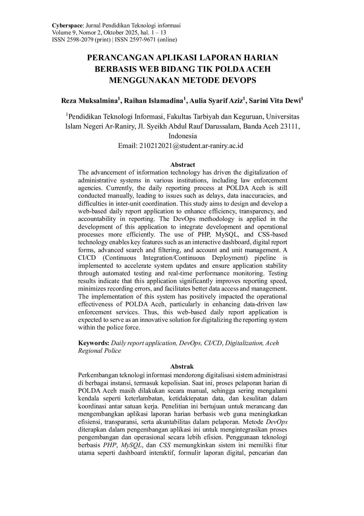 JURIS Perancangan Aplikasi Laporan Harian Berbasis Web Bidang TIK Polda Aceh Menggunakan Metode DevOps