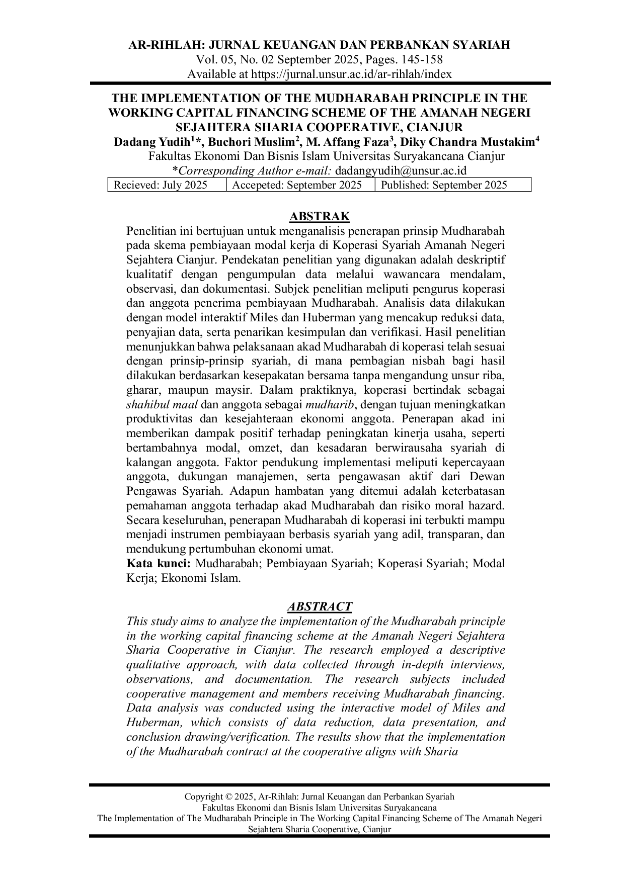 JURIS The Implementation Of The Mudharabah Principle In The Working Capital Financing Scheme Of The Amanah Negeri Sejahtera Sharia Cooperative Cianjur
