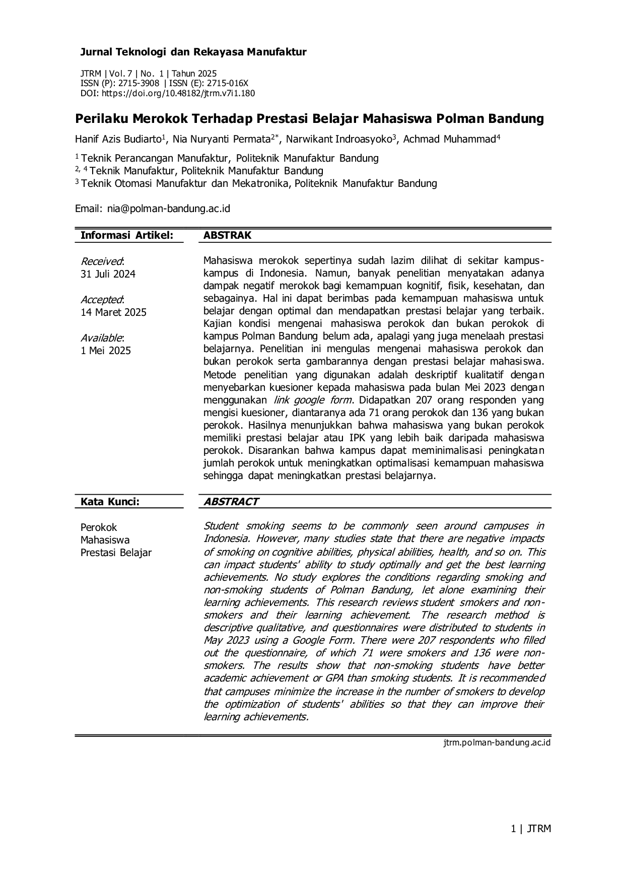 JURIS Perilaku Merokok Terhadap Prestasi Belajar Mahasiswa Polman Bandung