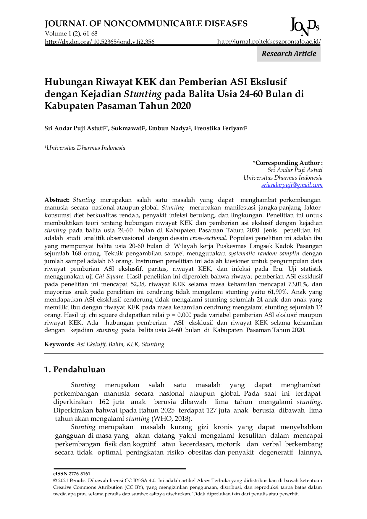 JURIS Hubungan Riwayat KEK dan Pemberian ASI Ekslusif dengan Kejadian Stunting pada Balita Usia 24 60 Bulan di Kabupaten Pasaman Tahun 2020
