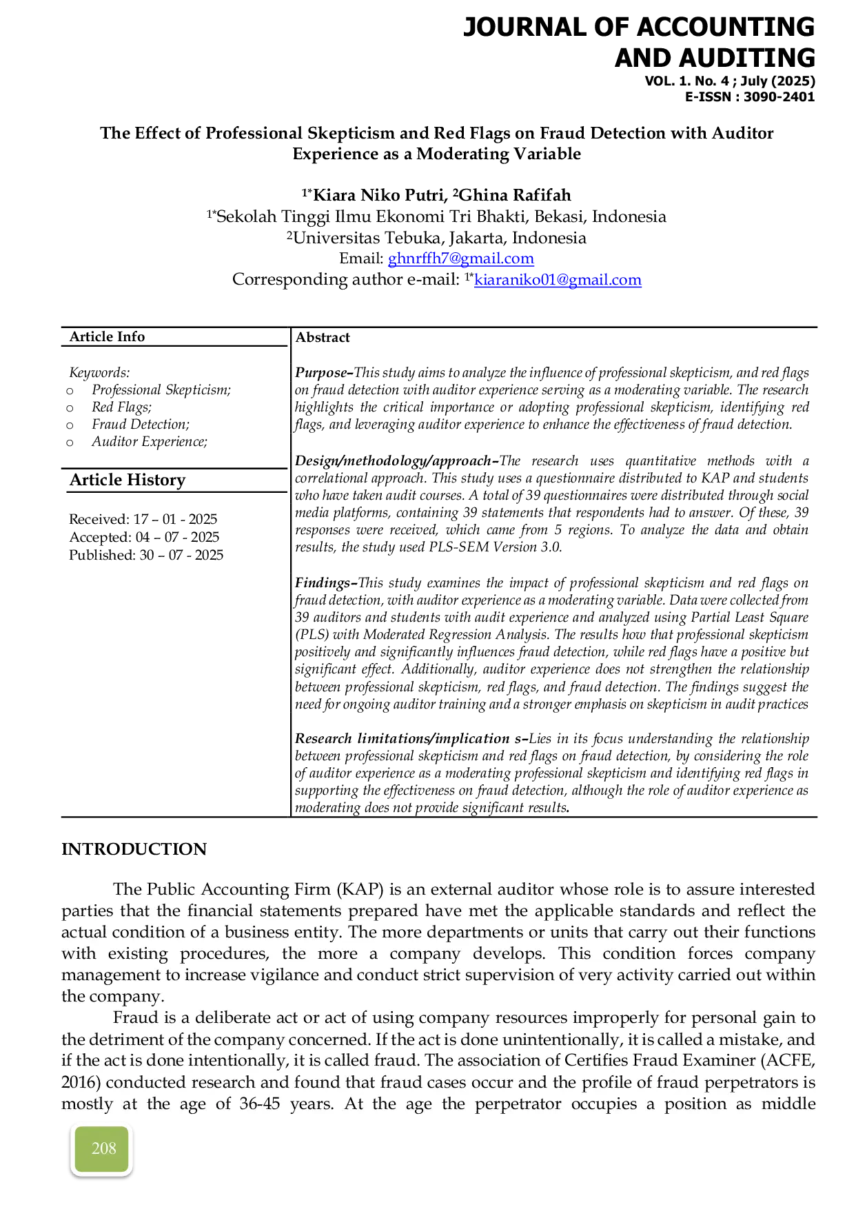 JURIS The Effect of Professional Skepticism and Red Flags on Fraud Detection with Auditor Experience as a Moderating Variable