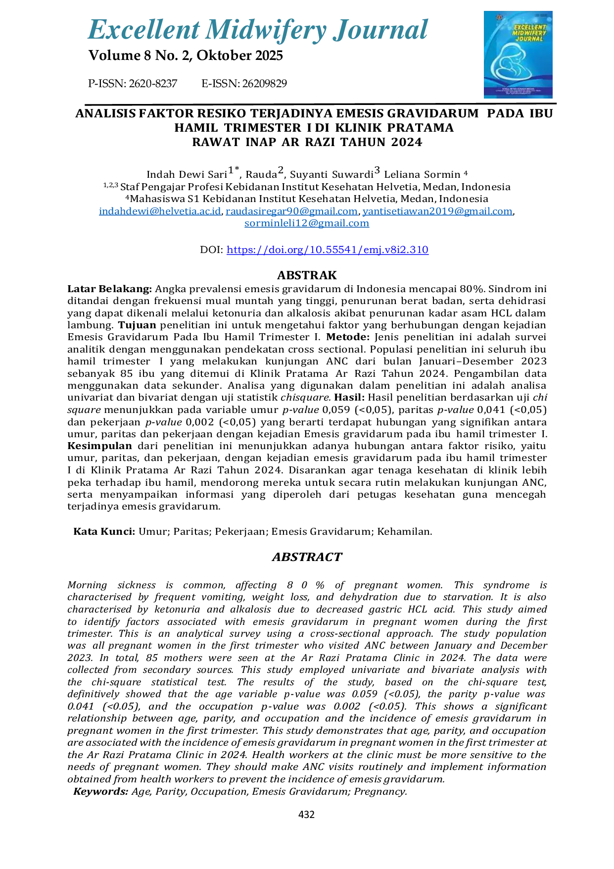 JURIS Analisis Faktor Resiko Terjadinya Emesis Gravidarum Pada Ibu Hamil Trimester I di Klinik Pratama Rawat Inap Ar Razi Tahun 2024