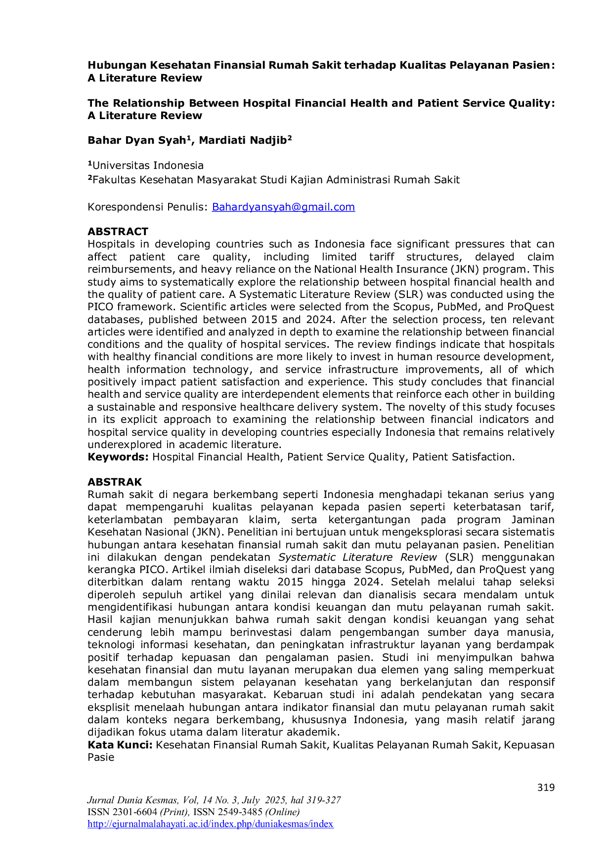 JURIS Hubungan Kesehatan Finansial Rumah Sakit terhadap Kualitas Pelayanan A Literature Review