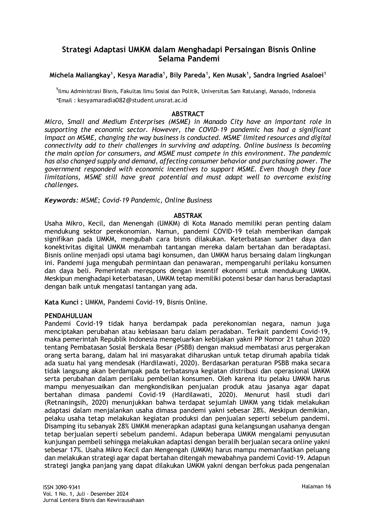 JURIS Strategi Adaptasi UMKM dalam Menghadapi Persaingan Bisnis OnlineSelama Pandemi