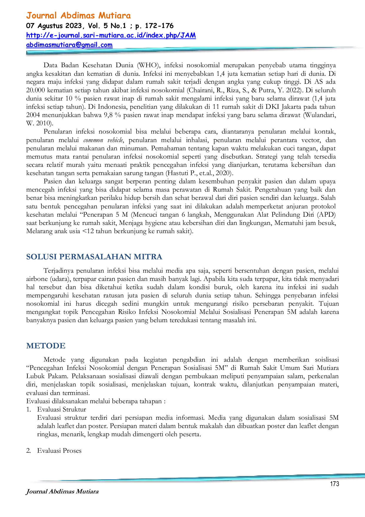 JURIS Pencegahan Infeksi Nosokomial Melalui Sosialisasi 5 M