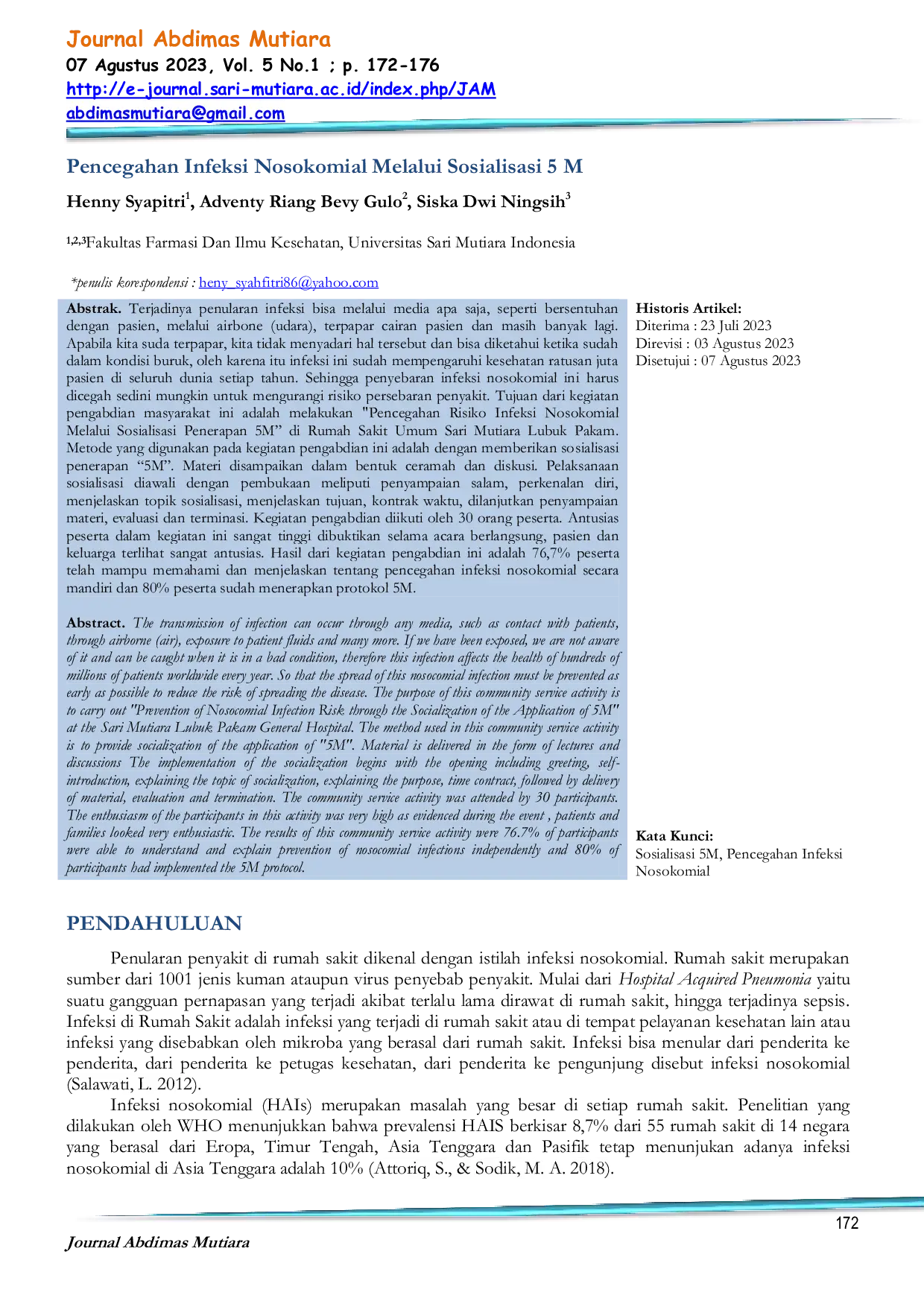 JURIS Pencegahan Infeksi Nosokomial Melalui Sosialisasi 5 M