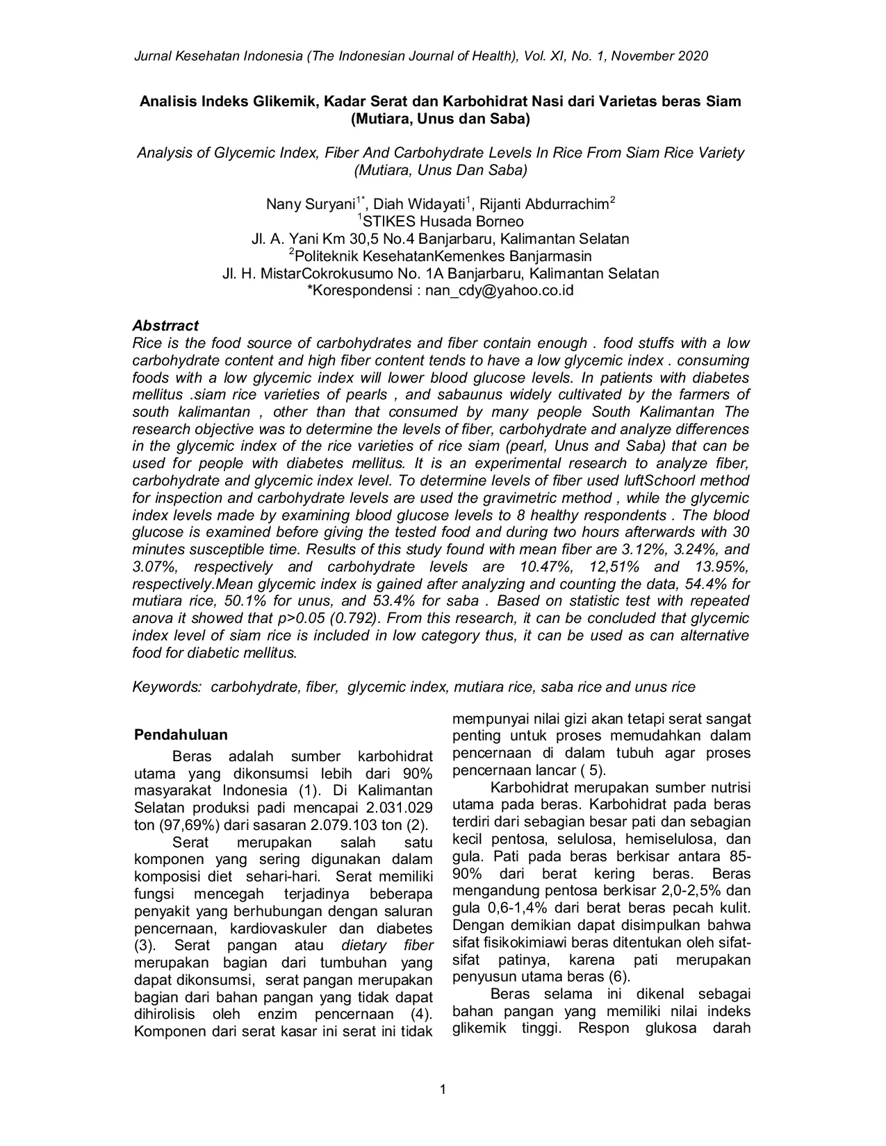 JURIS Analisis Indeks Glikemik Kadar Serat Dan Karbohidrat Nasi Dari Varietas Beras Siam Mutiara Unus Dan Saba