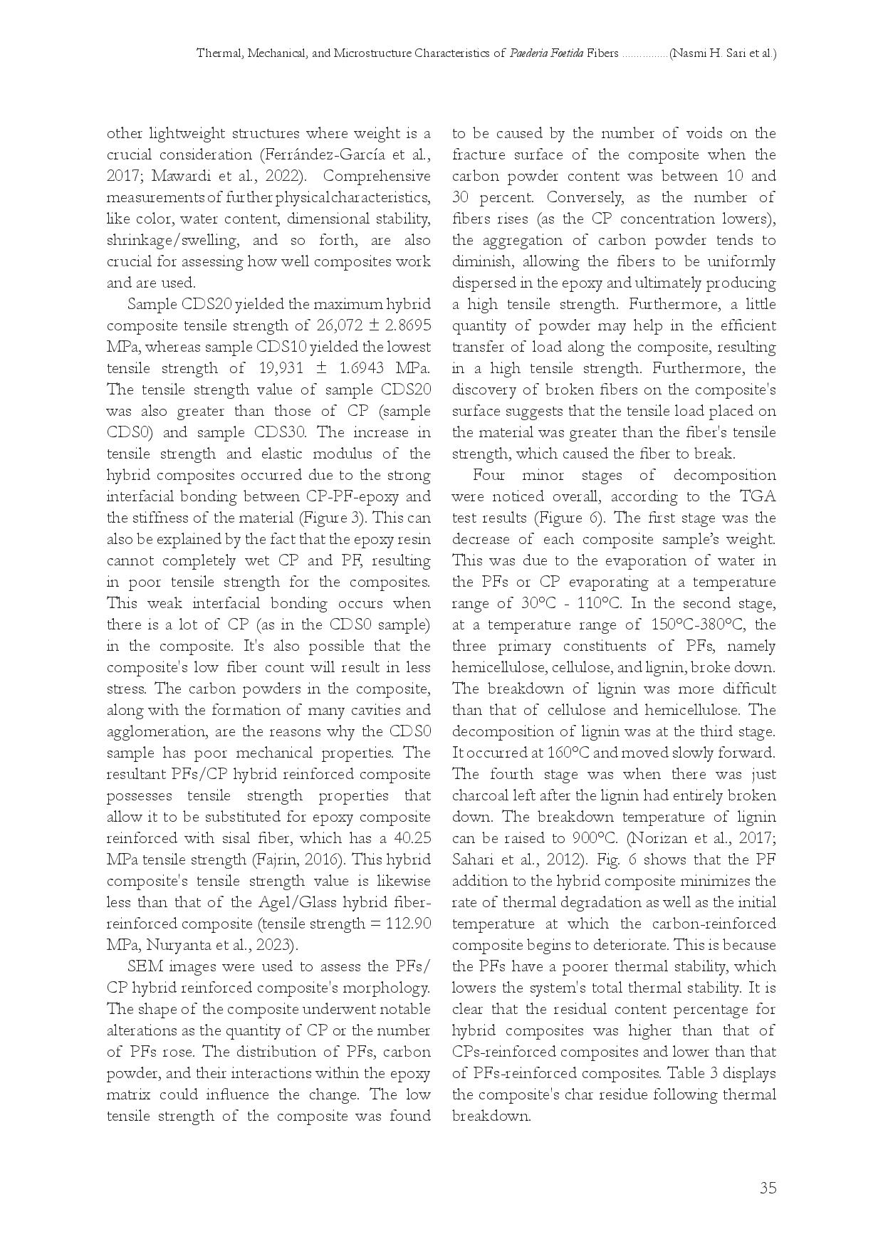 juris Thermal Mechanical and Microstructure Characteristics of Paederia Foetida Fibers Carbon Powder Hybrid Reinforced Epoxy Composites