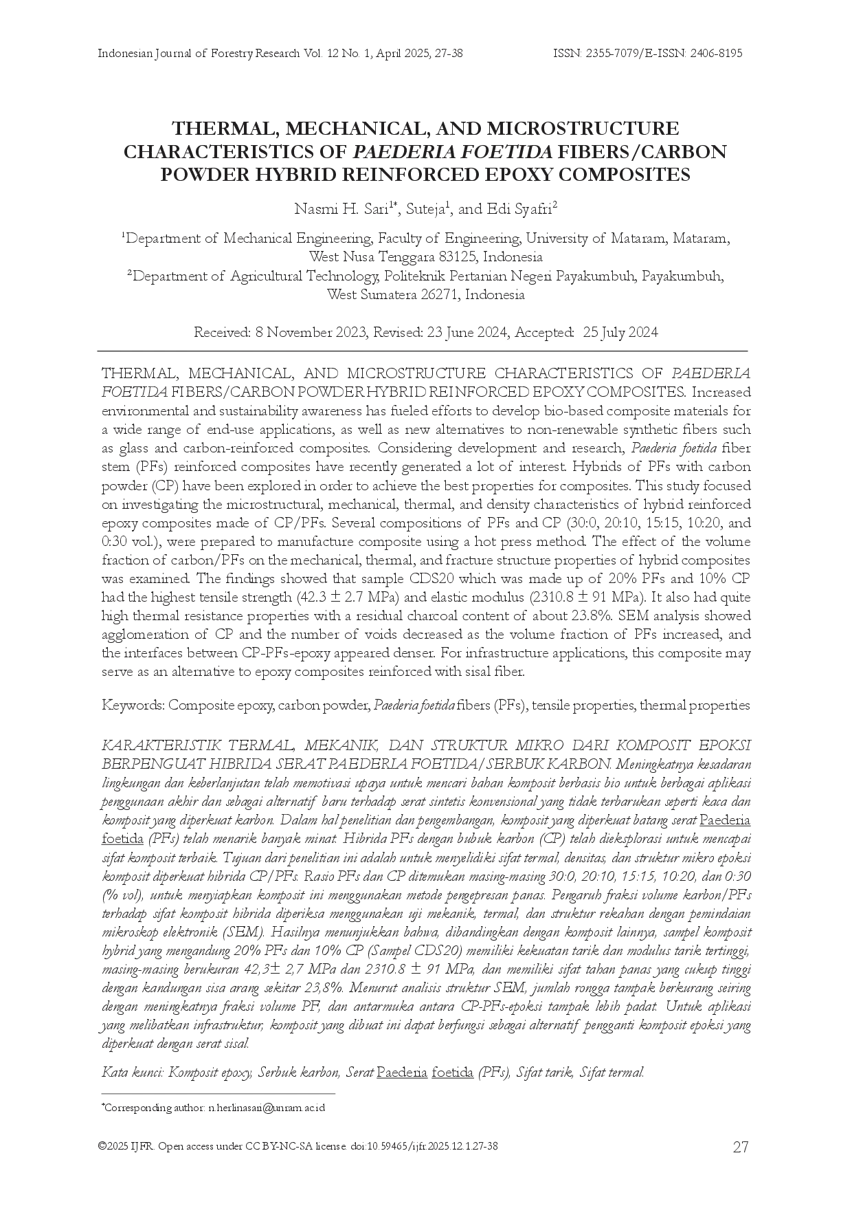 juris Thermal Mechanical and Microstructure Characteristics of Paederia Foetida Fibers Carbon Powder Hybrid Reinforced Epoxy Composites