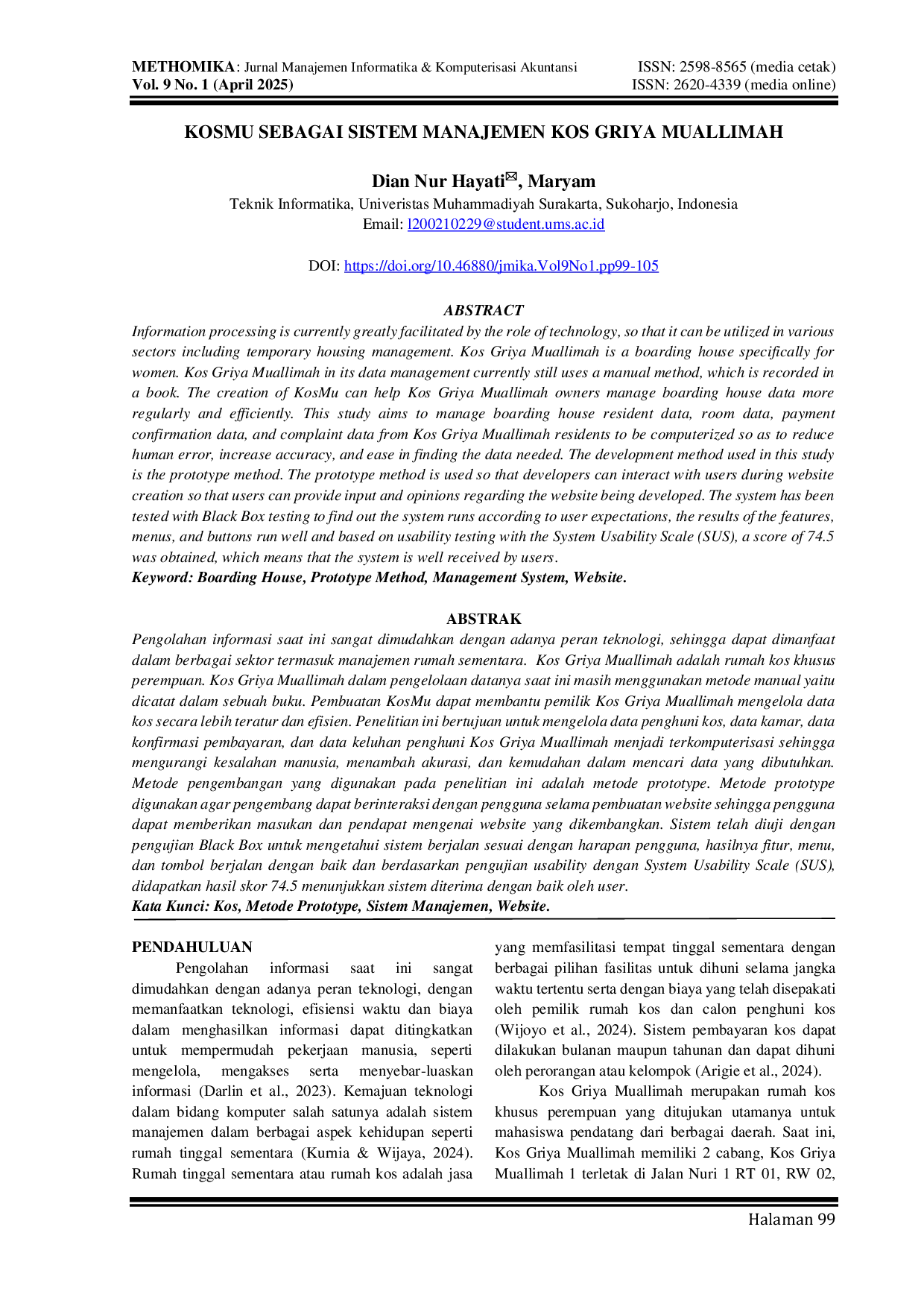 JURIS Kosmu Sebagai Sistem Manajemen Kos Griya Muallimah