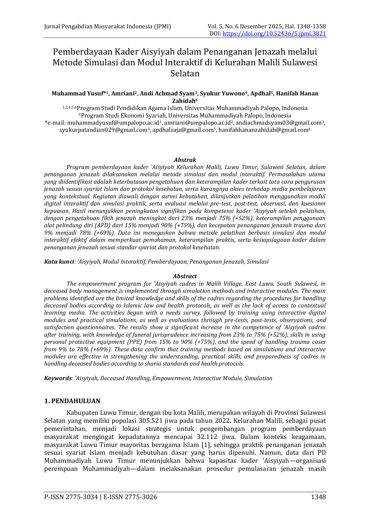 JURIS Pemberdayaan Kader Aisyiyah dalam Penanganan Jenazah melalui Metode Simulasi dan Modul Interaktif di Kelurahan Malili Sulawesi Selatan
